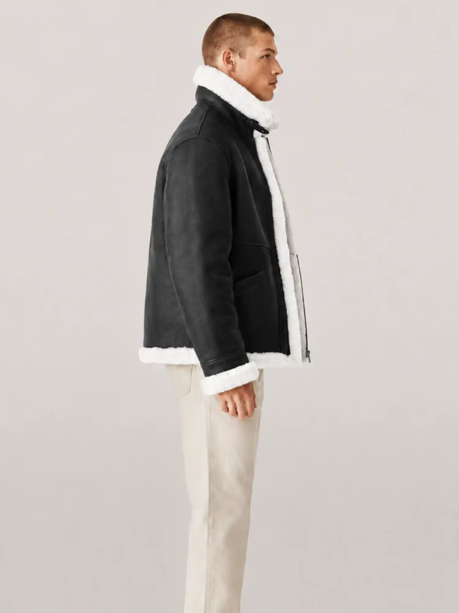 Men's B3 Black White fur Shearling Leather Jacket - Image 3