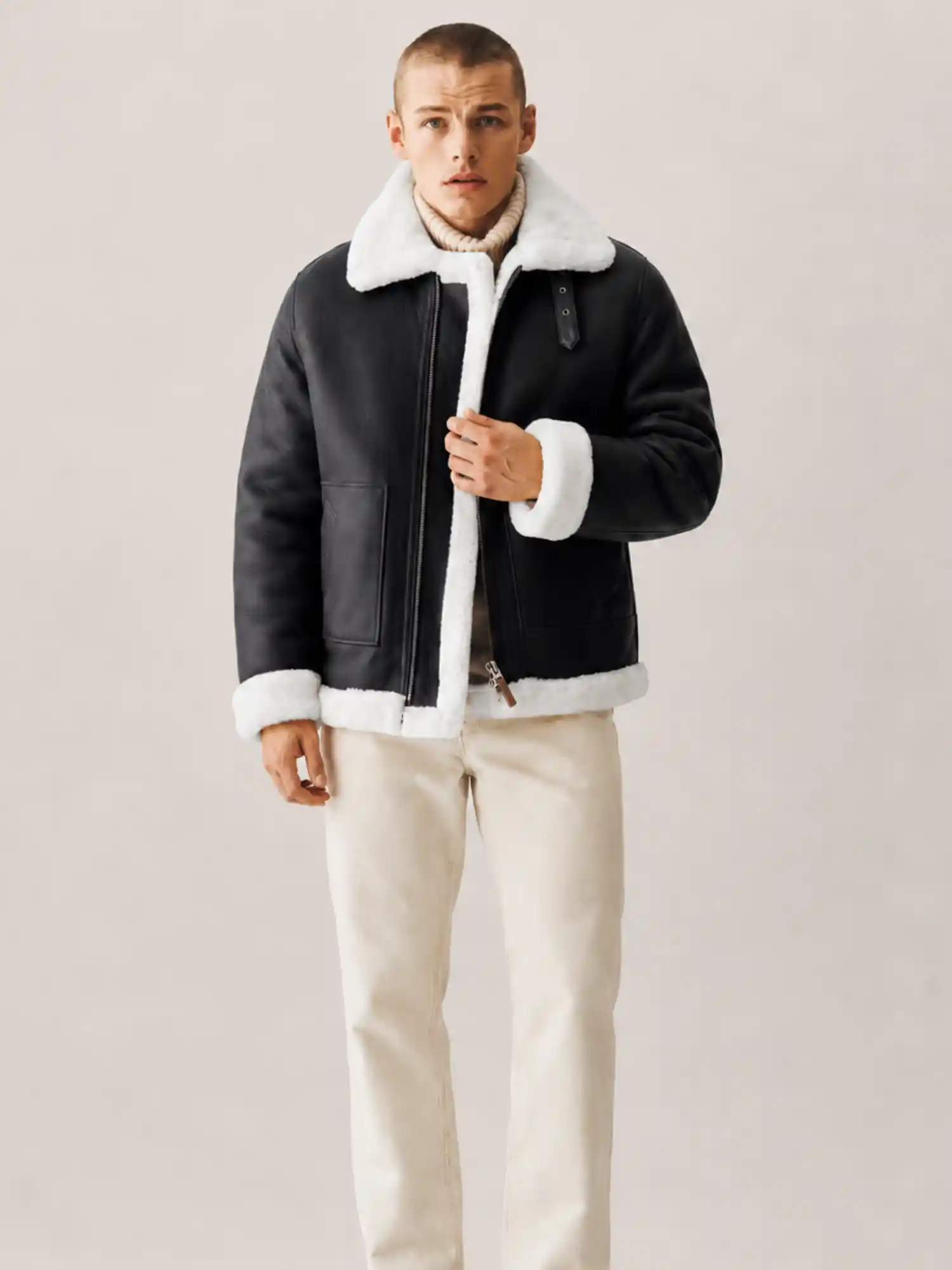 Men's B3 Black White fur Shearling Leather Jacket - Image 6