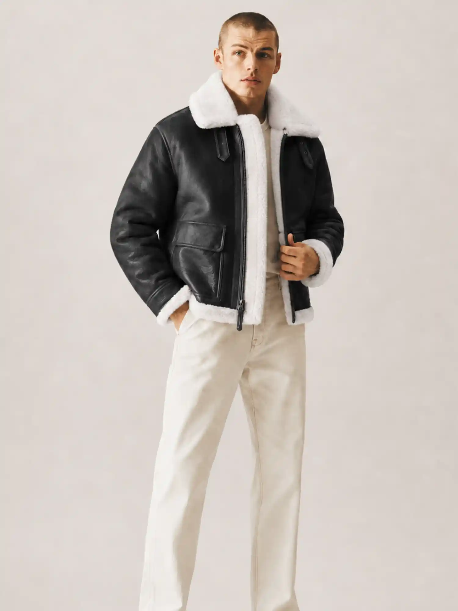 Men's B3 Black White fur Shearling Leather Jacket