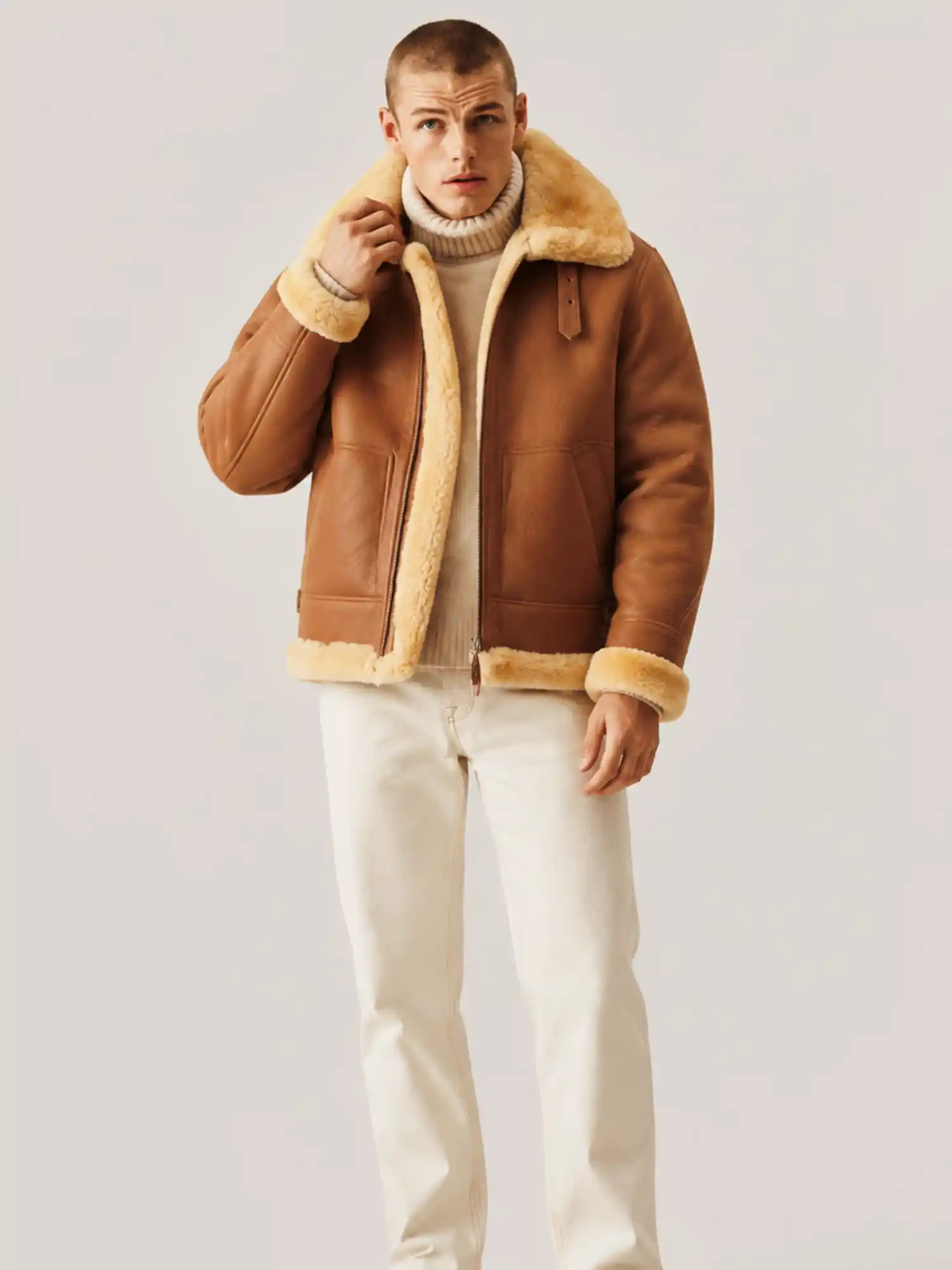 Men's B3 Cognac Brown Shearling Leather Jacket - Image 5