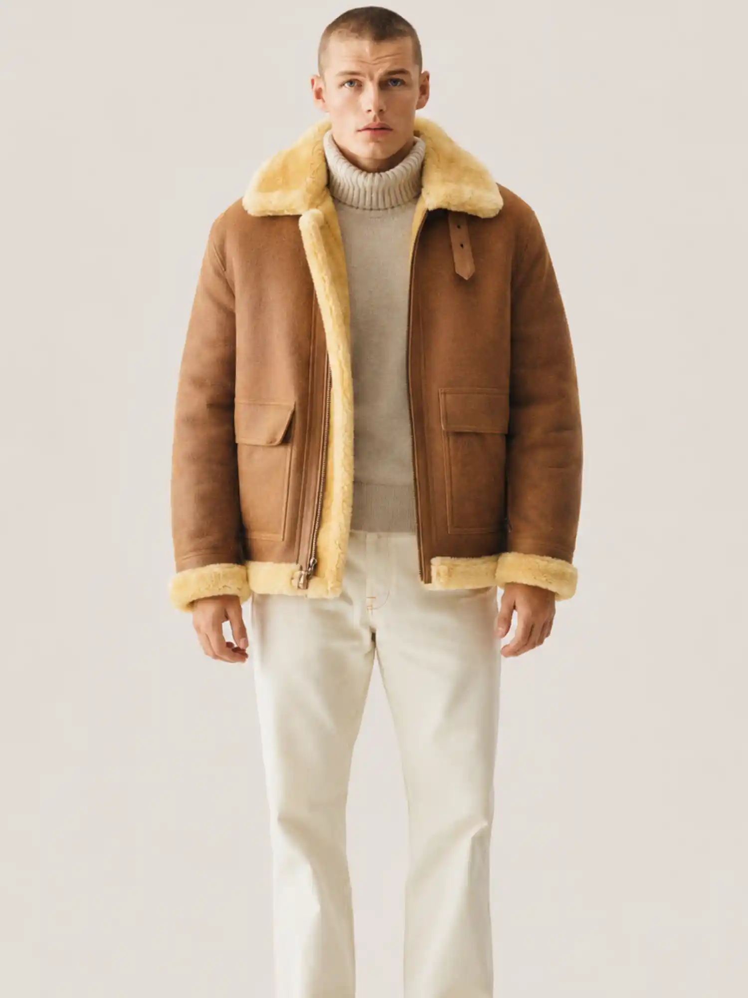 Men's B3 Cognac Brown Shearling Leather Jacket