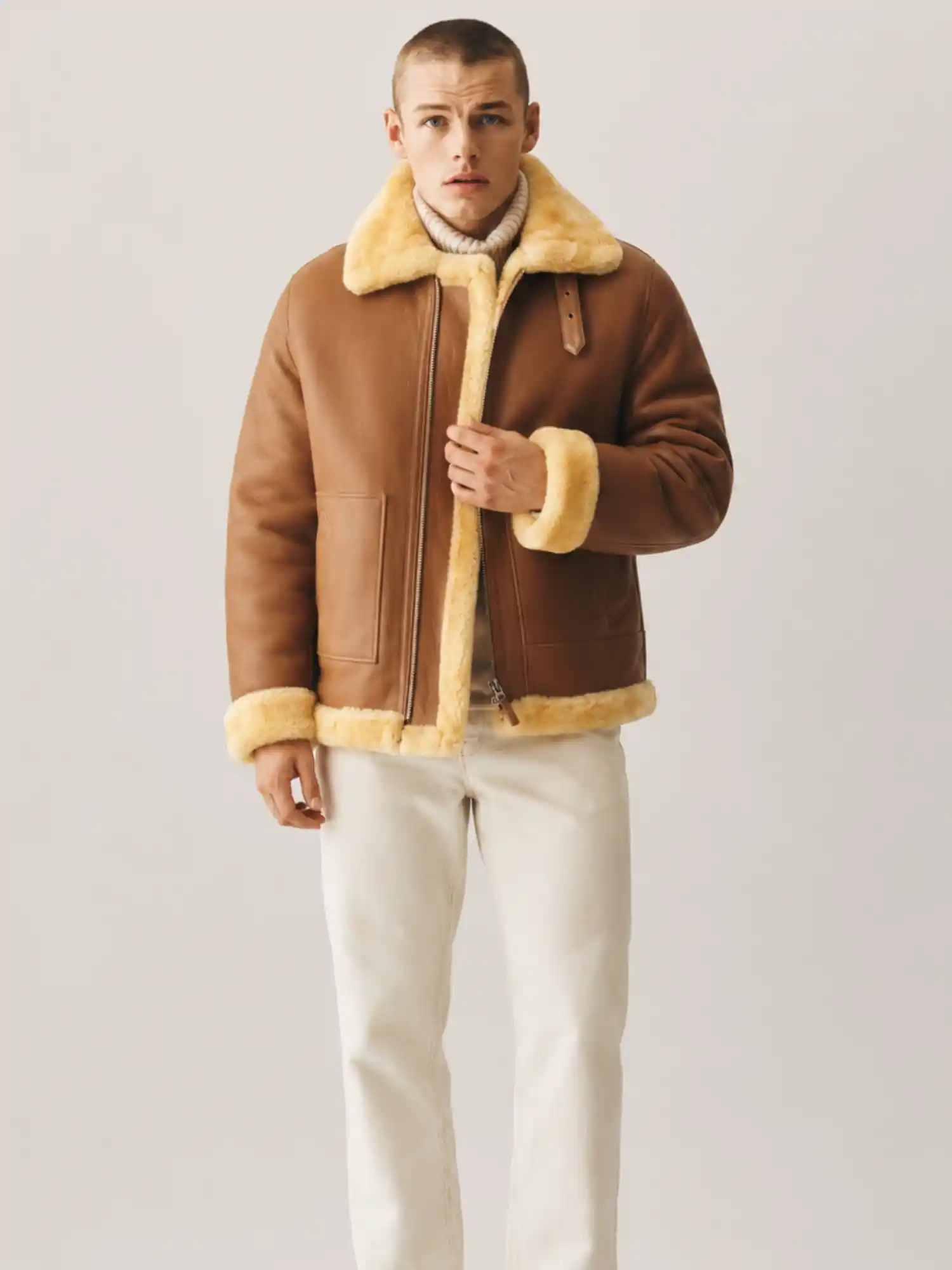 Men's B3 Cognac Brown Shearling Leather Jacket - Image 6