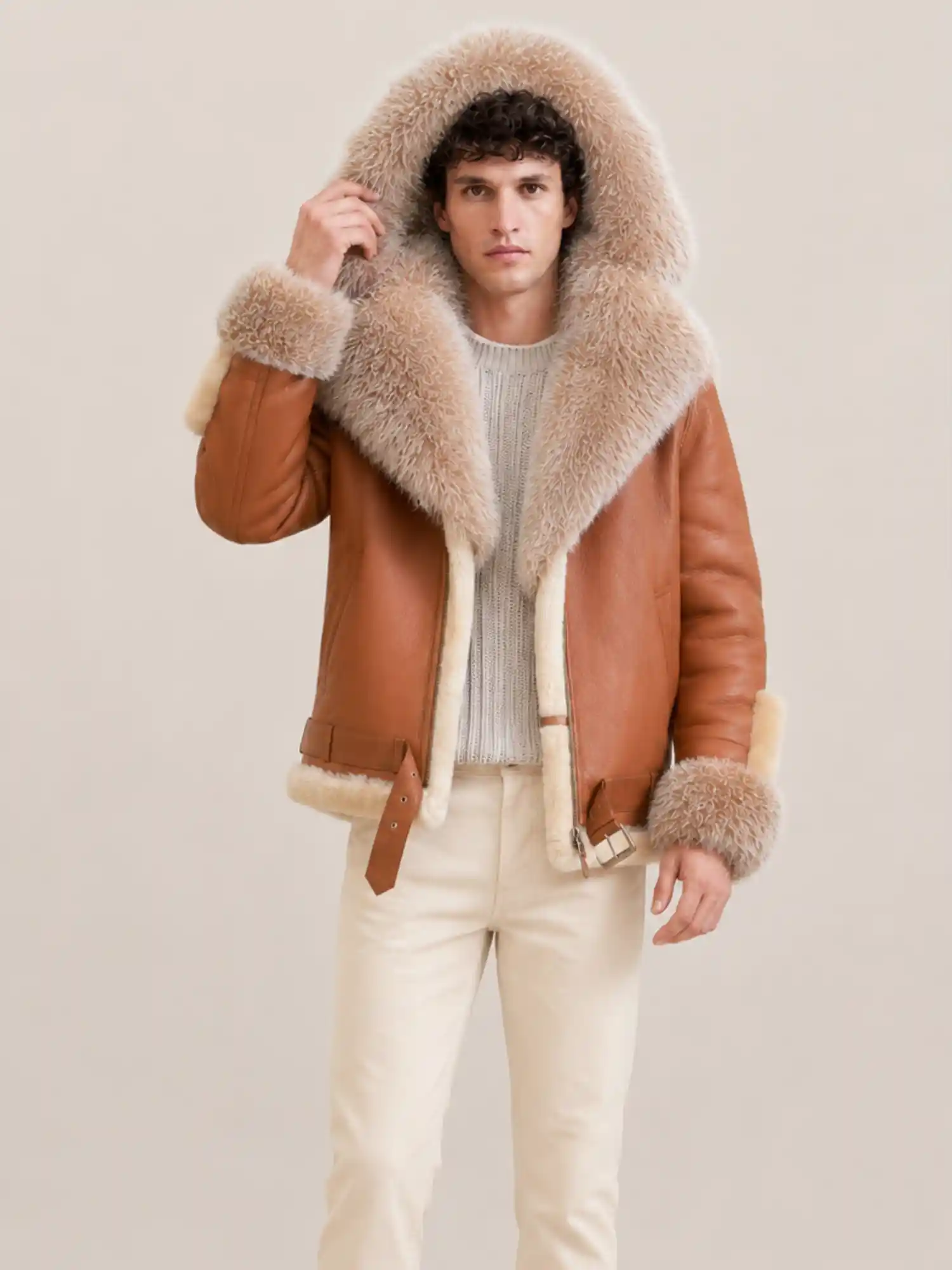 Men's Shearling Cognac Brown Biker Style With Crystal Fur And Hood