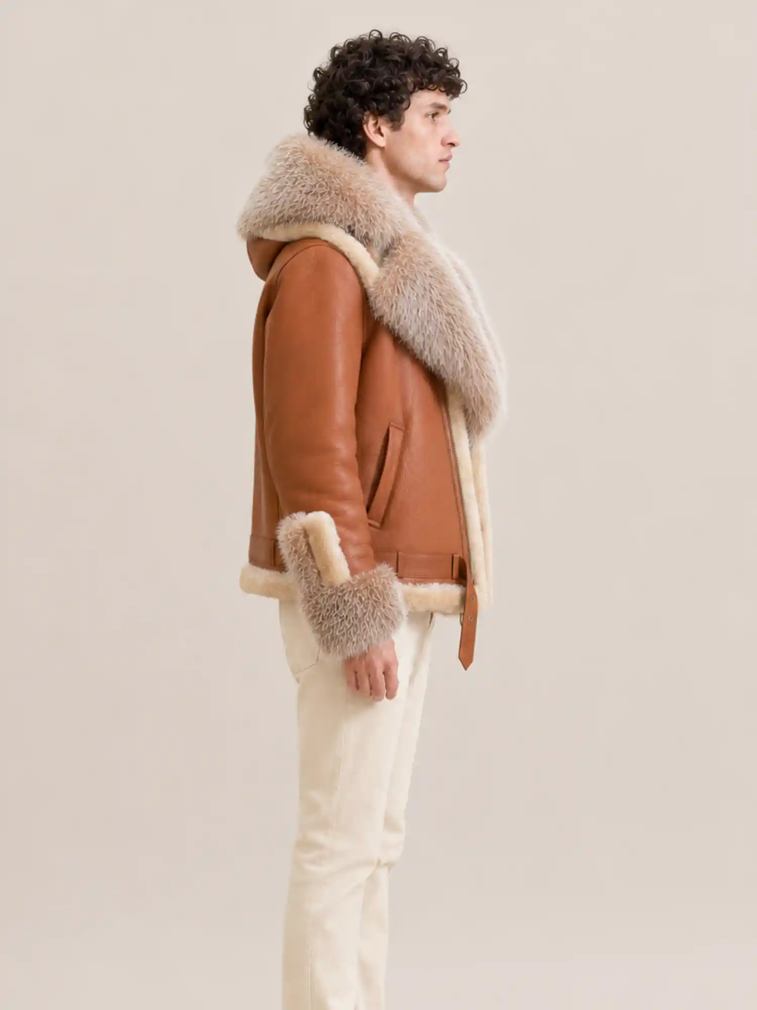 Men's Shearling Cognac Brown Biker Style With Crystal Fur And Hood - Image 3