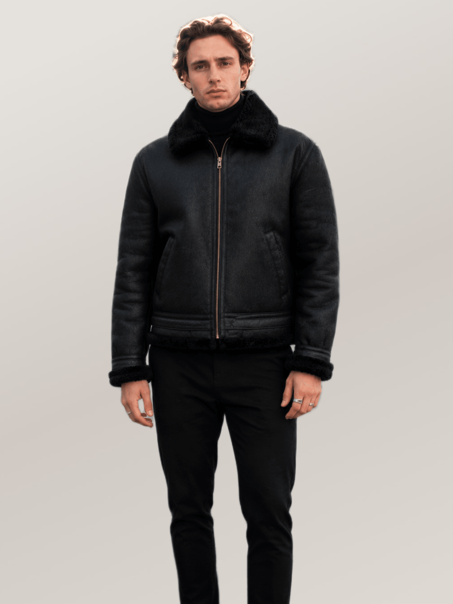 Men's Black Shearling Leather Bomber Jacket - Image 6