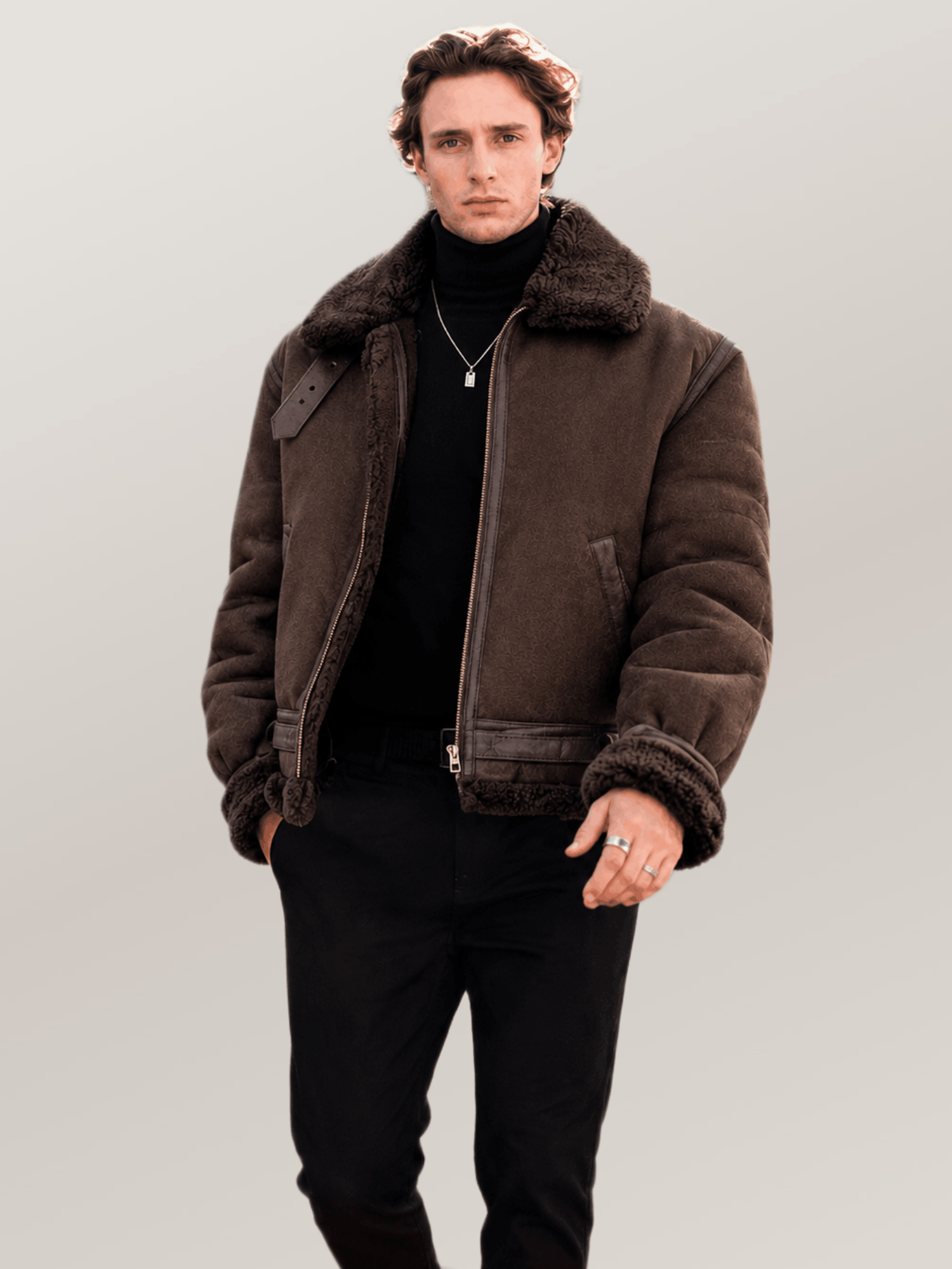 Men's Espresso Brown Shearling Leather Bomber Jacket