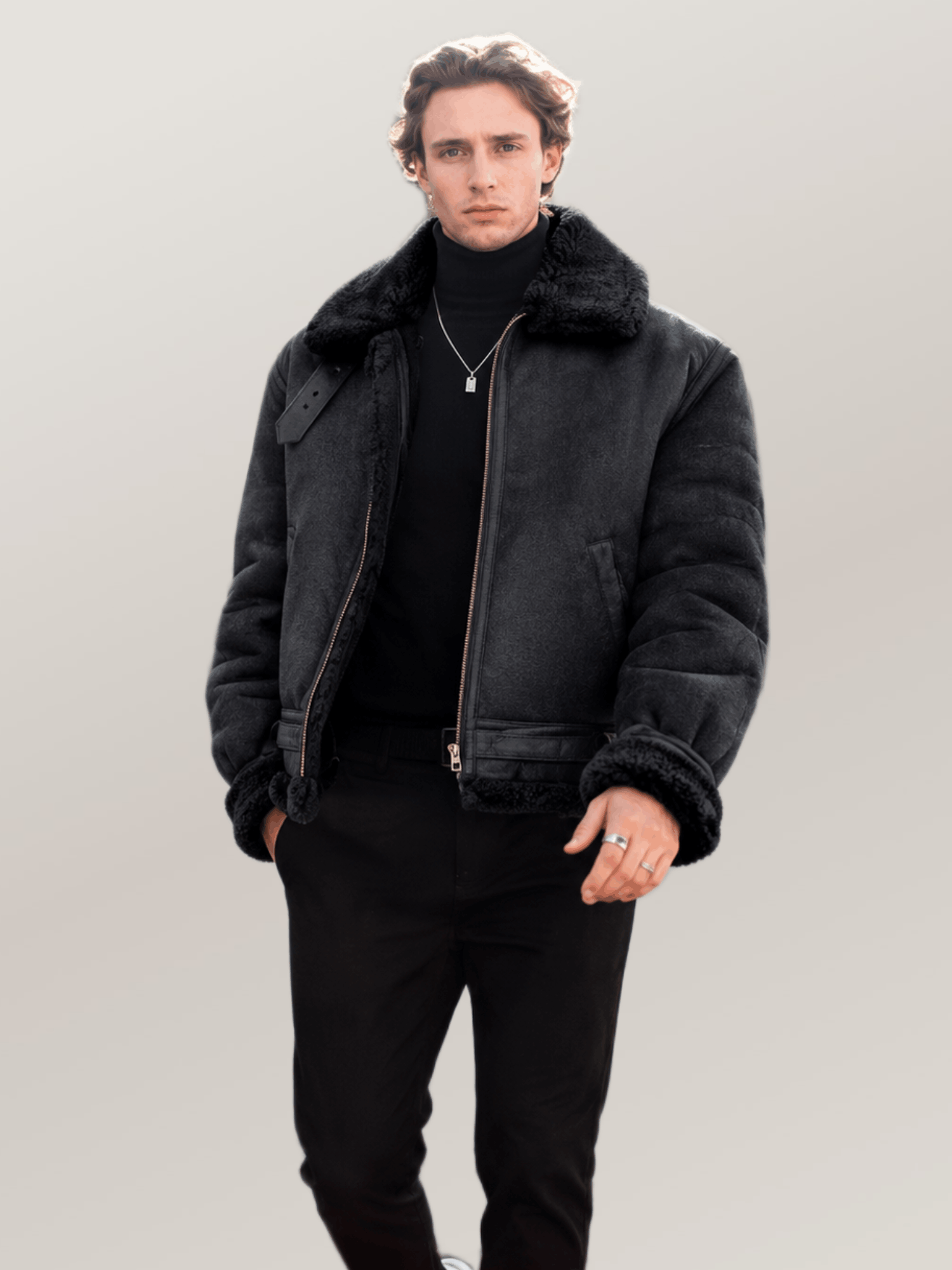 Men's Black Shearling Leather Bomber Jacket