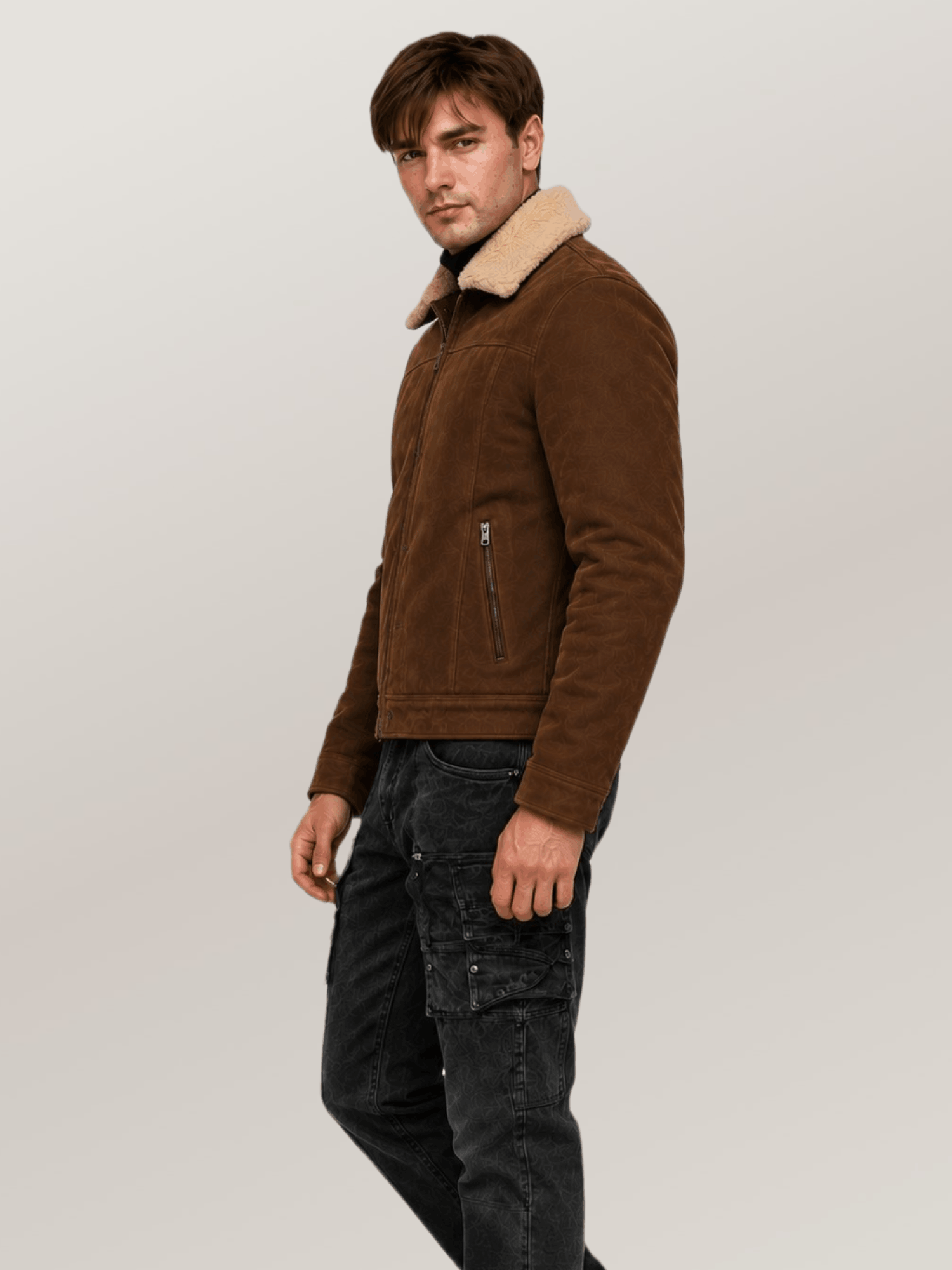 Men's Brown Shearling Fur Suede Leather Jacket - Image 3