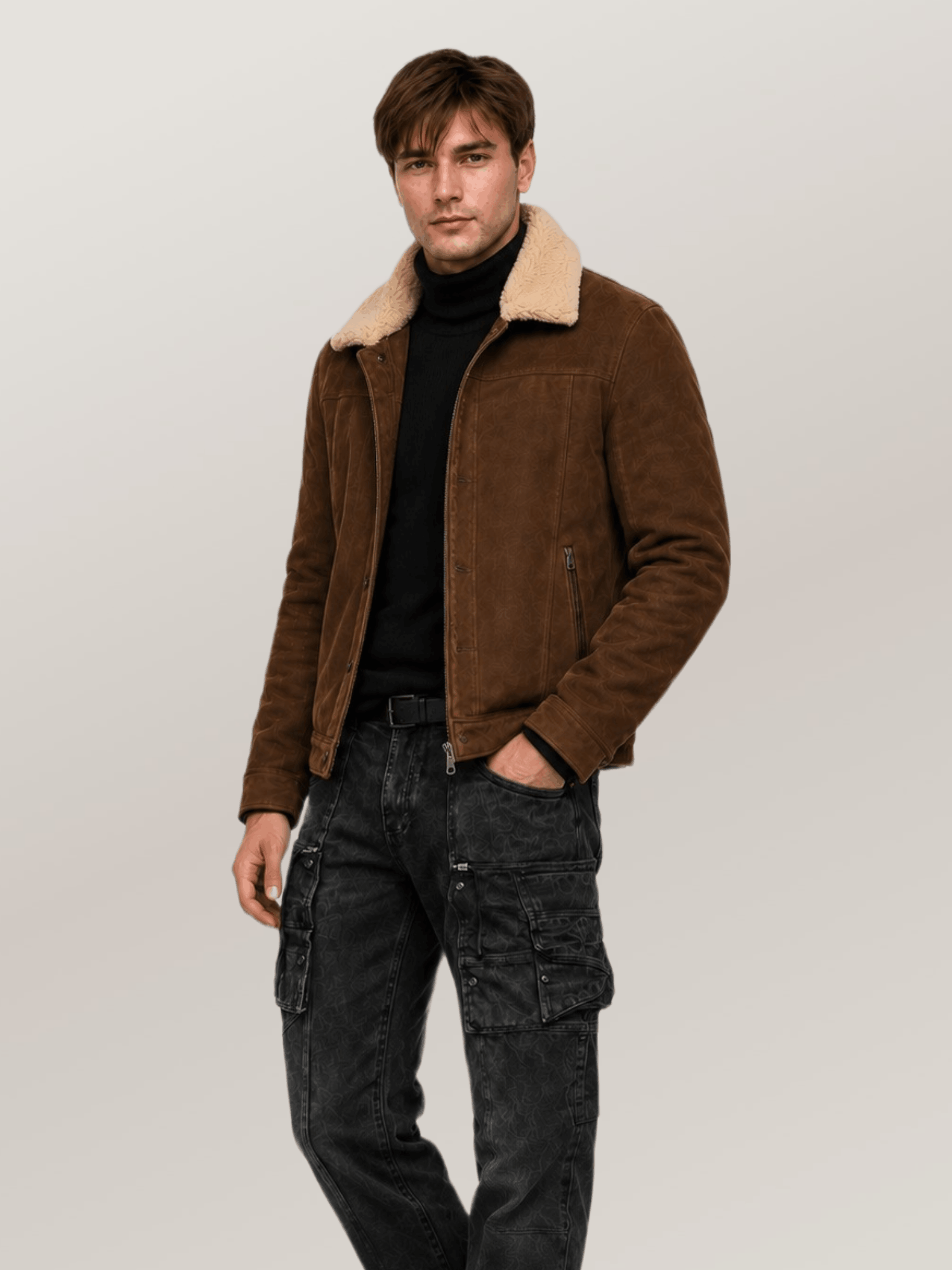 Men's Brown Shearling Fur Suede Leather Jacket