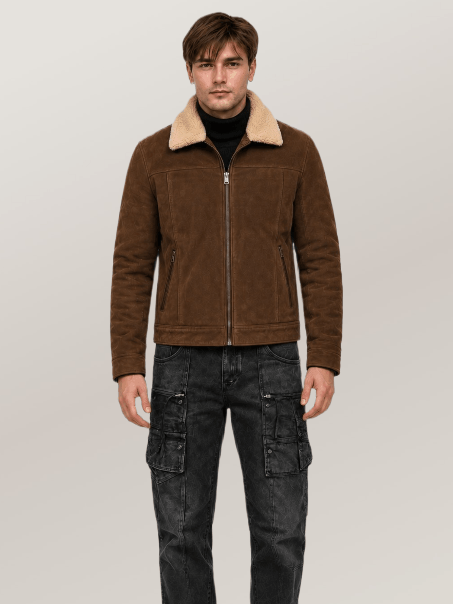 Men's Brown Shearling Fur Suede Leather Jacket - Image 6