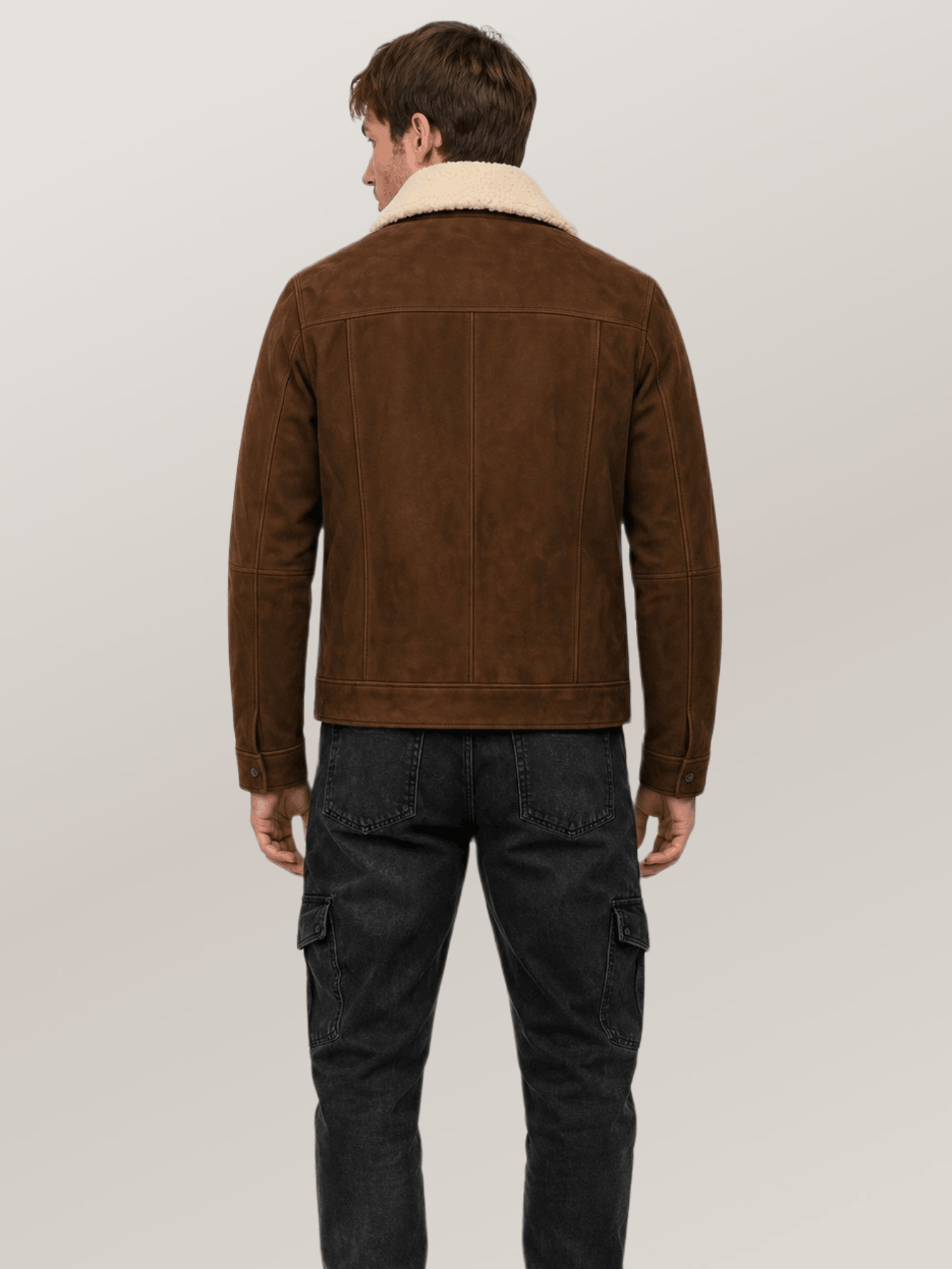 Men's Brown Shearling Fur Suede Leather Jacket - Image 2