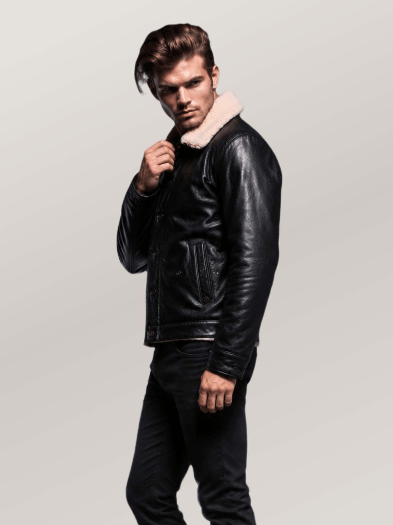 Men's Black Shearling Deck Leather Jacket - Image 3