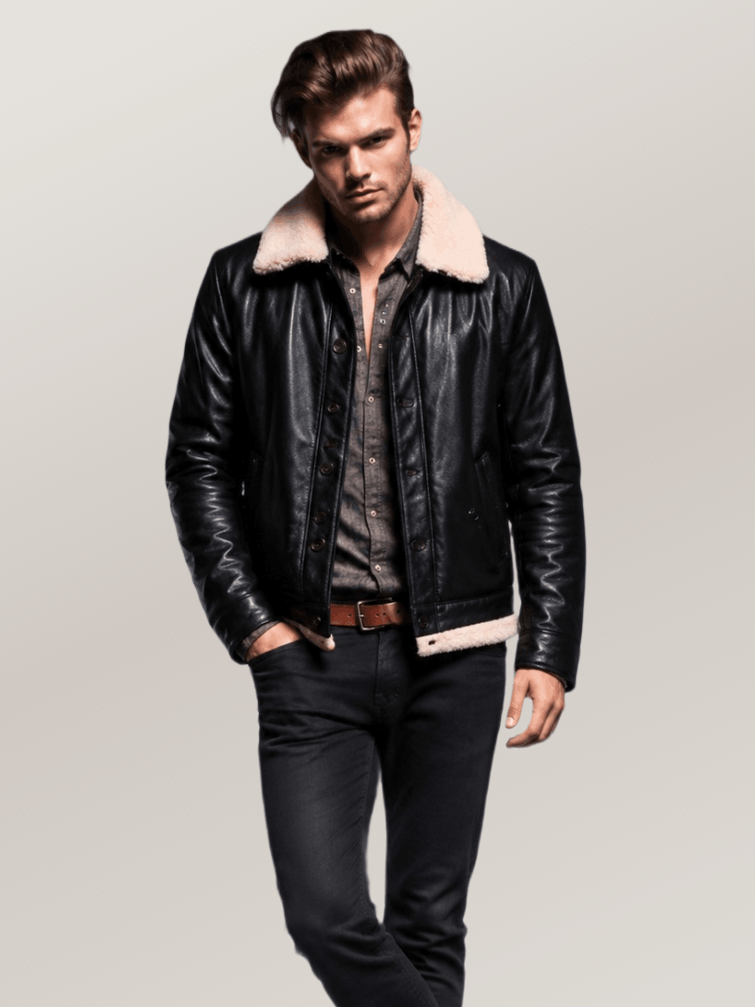 Men's Black Shearling Deck Leather Jacket - Image 6