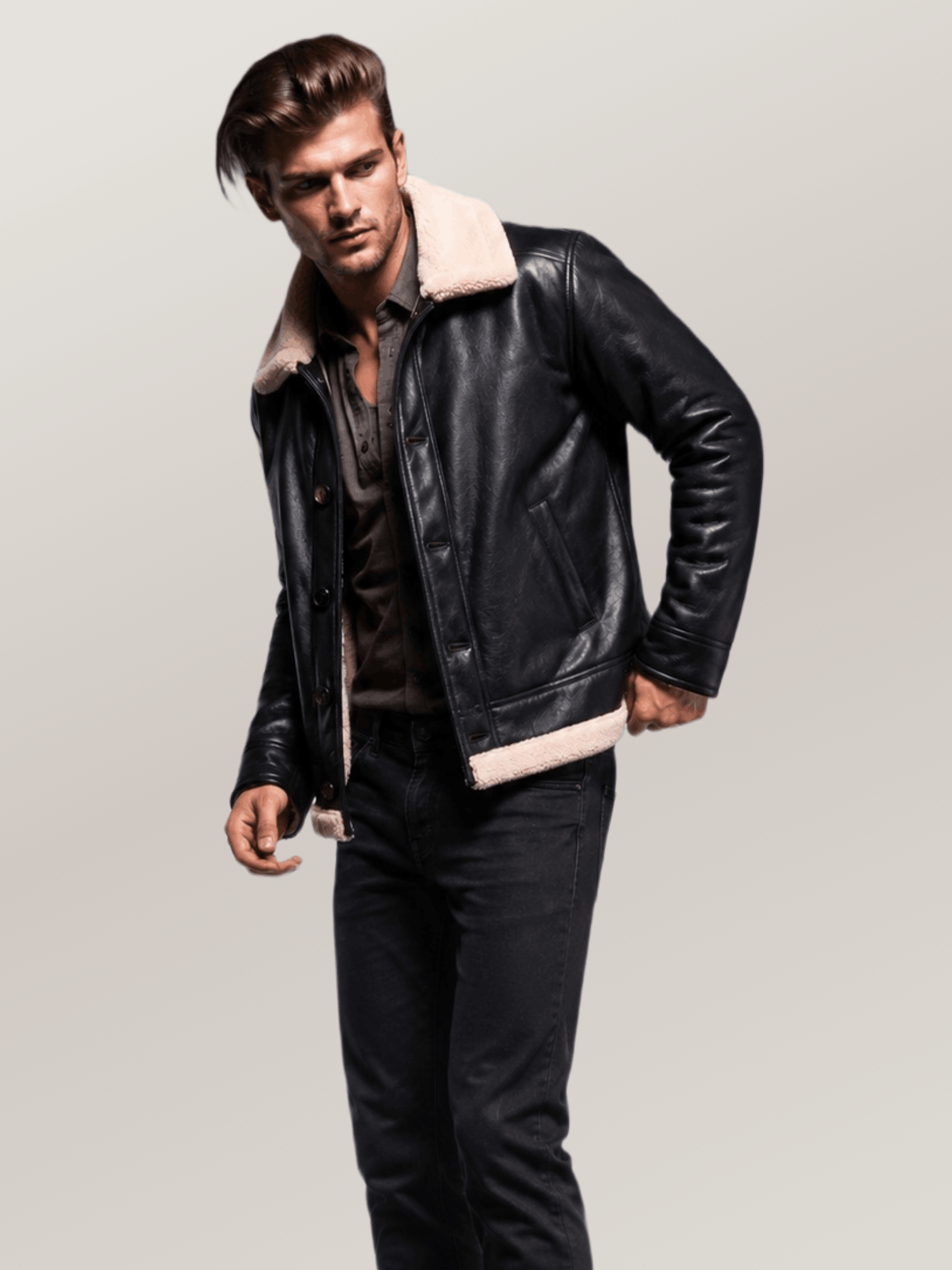 Men's Black Shearling Deck Leather Jacket