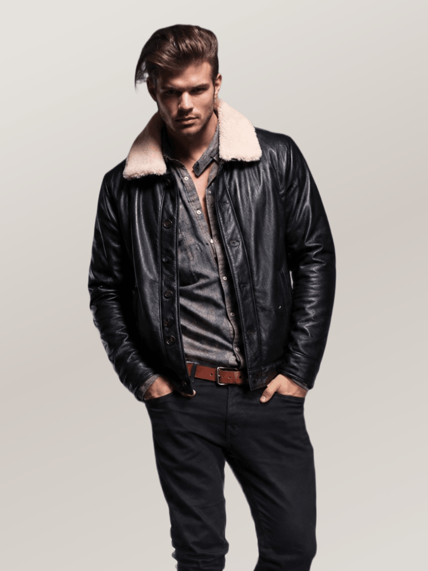 Men's Black Shearling Deck Leather Jacket - Image 5