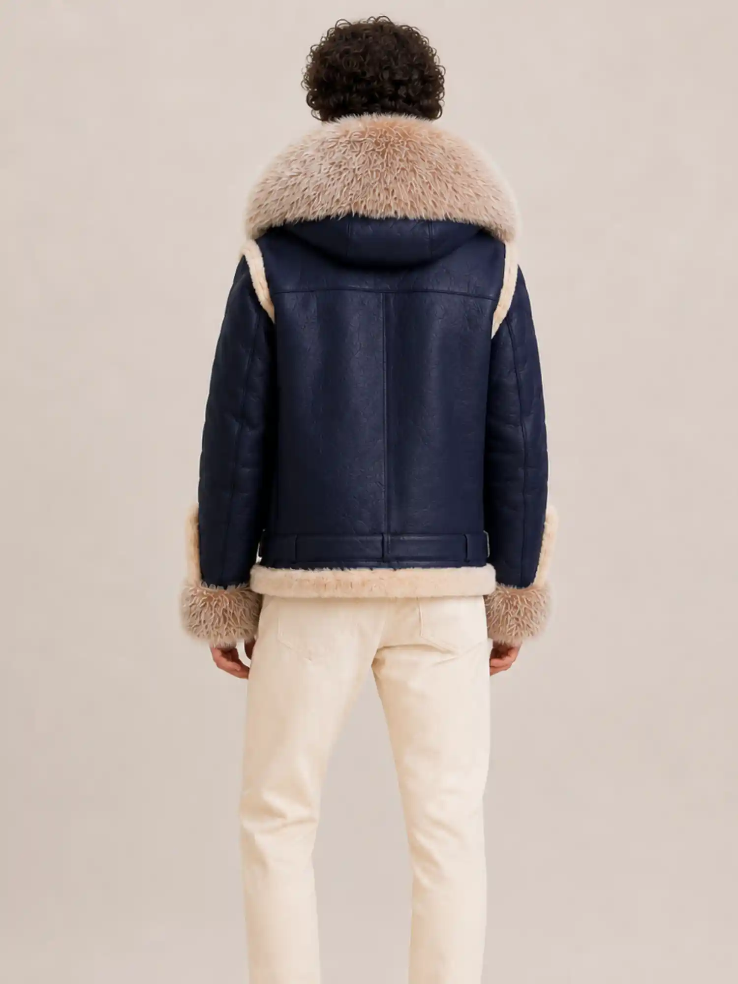 Men's Two Tone Shearling Navy Blue Biker Style With Crystal Fur And Hood - Image 2