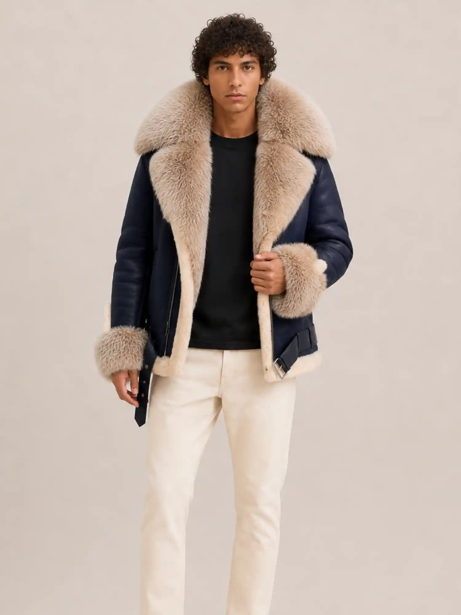 Men's Two Tone Shearling Navy Blue Biker Style With Crystal Fur And Hood
