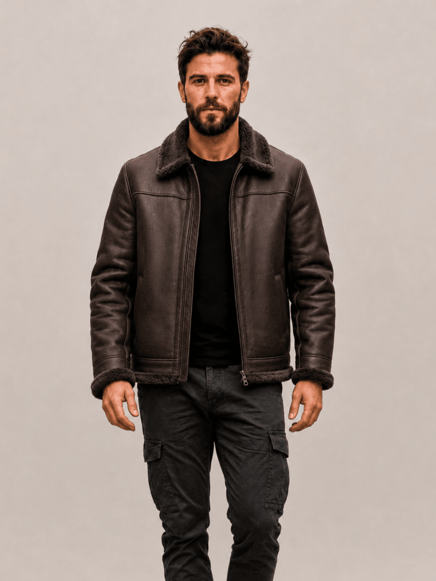 Men's Espresso Brown Fur Collar Shearling Leather Bomber Jacket