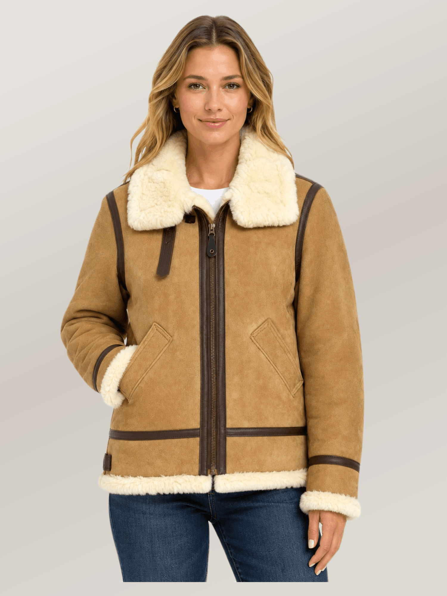 Women's Tan B-3 Suede Bomber Leather Jacket