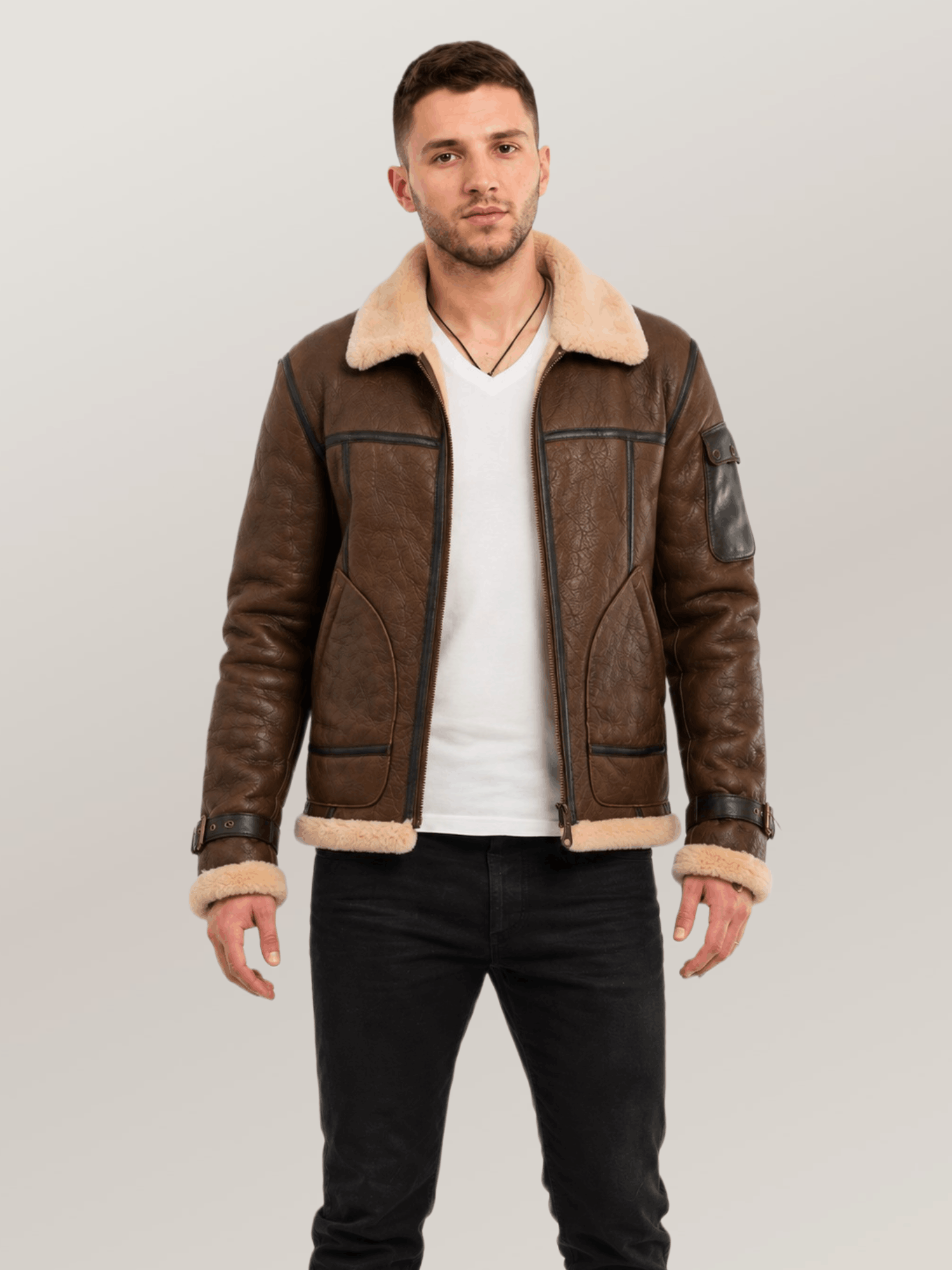Men's Brown Super Fortress Sheepskin Leather Jacket - Image 5