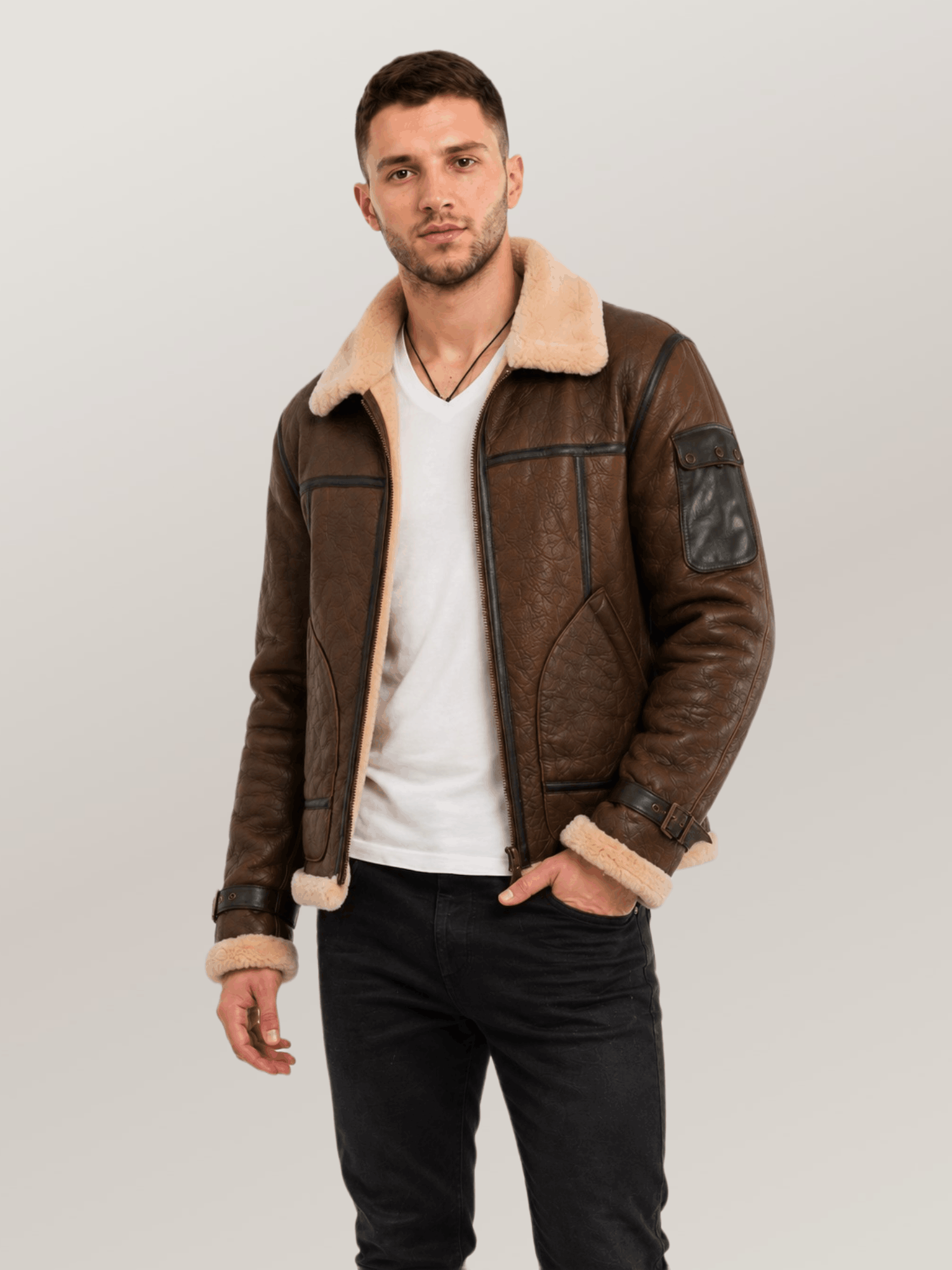 Men's Brown Super Fortress Sheepskin Leather Jacket - Image 6