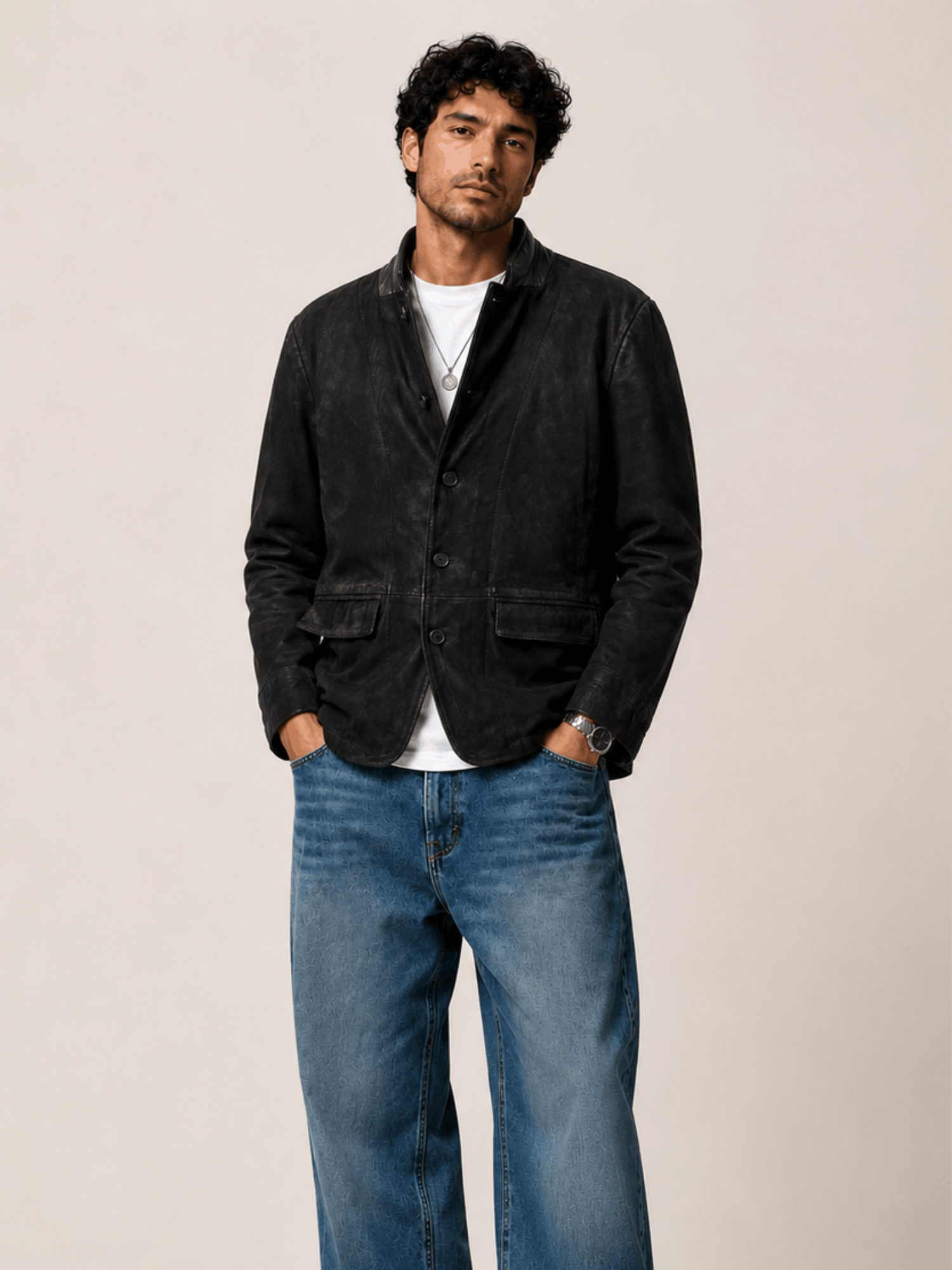 Men's Survey Double Layered Black Suede Blazer - Image 6