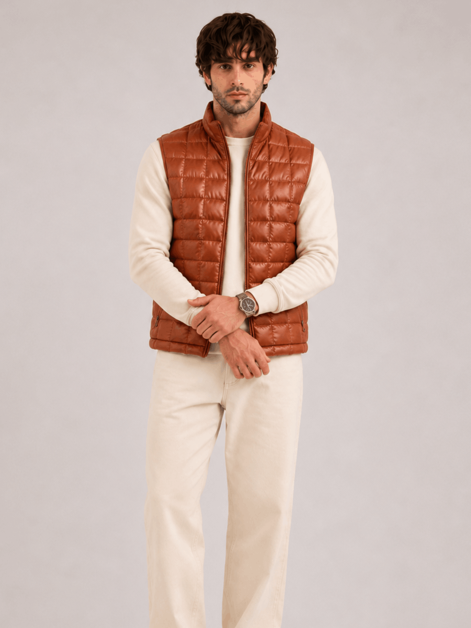 Men's Whiskey BrownTeton Leather Light Down Vest