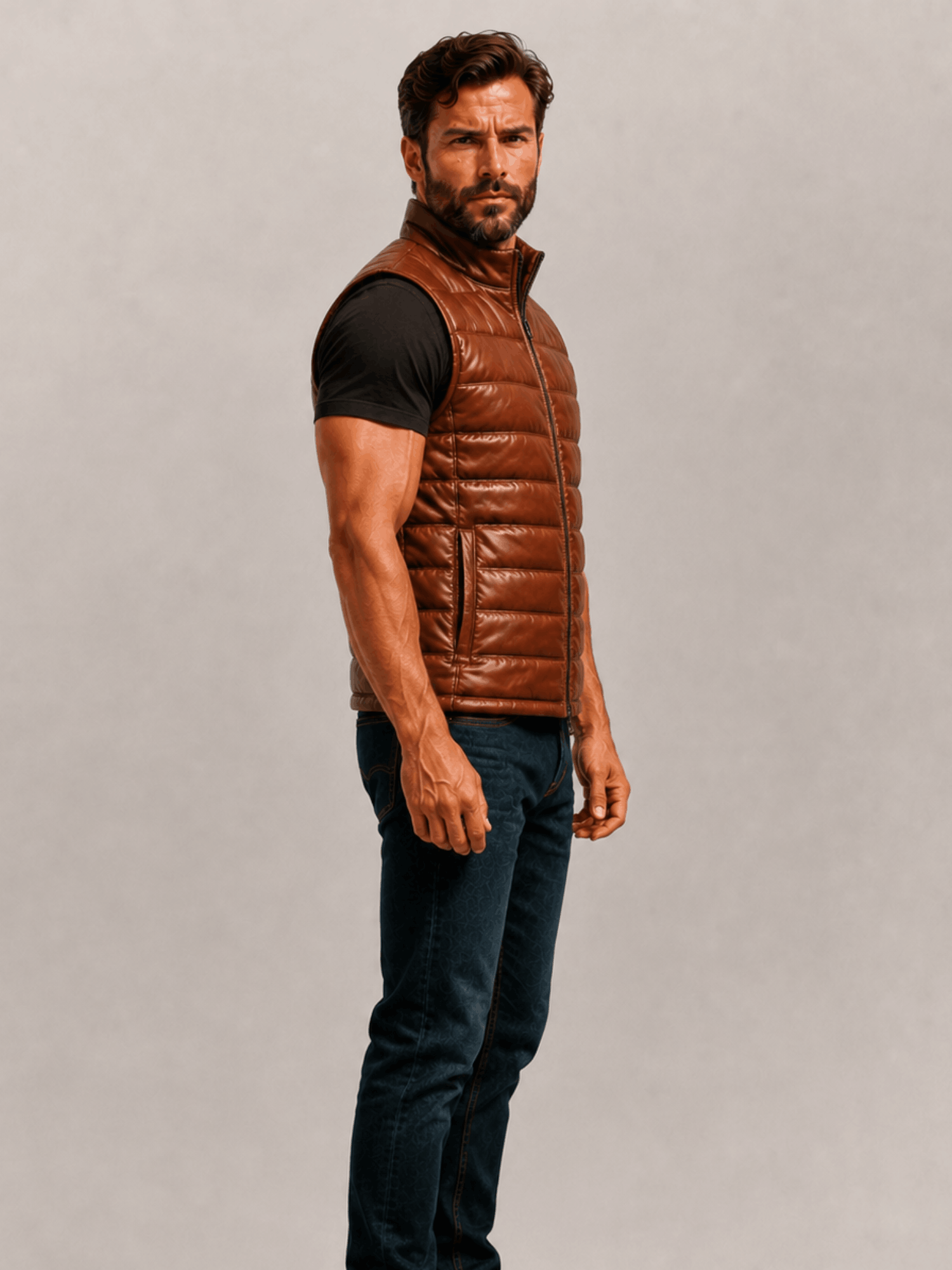 Men's Brown Bridger Leather Down Vest - Image 3