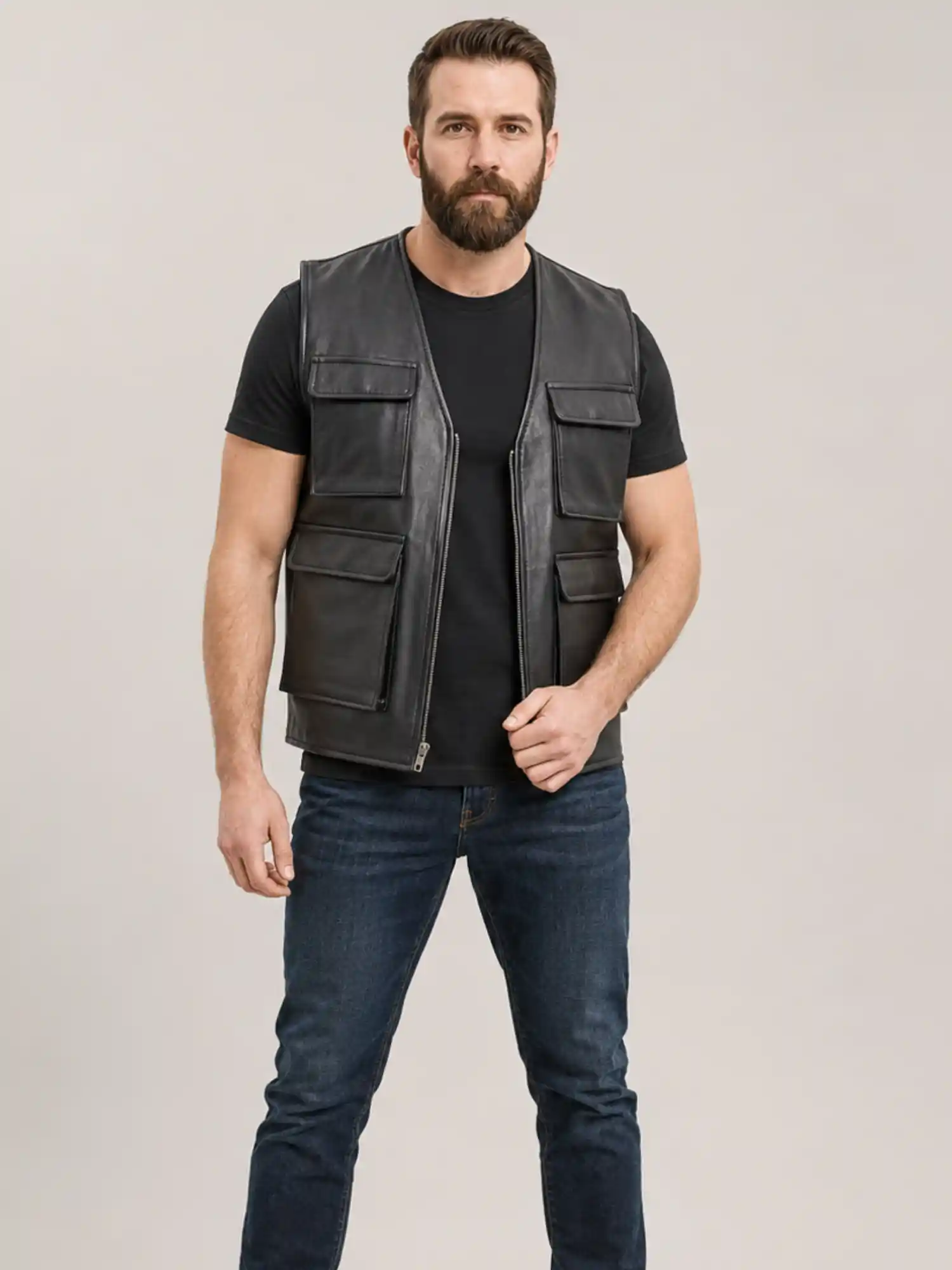 Men's Black Military Leather Vest