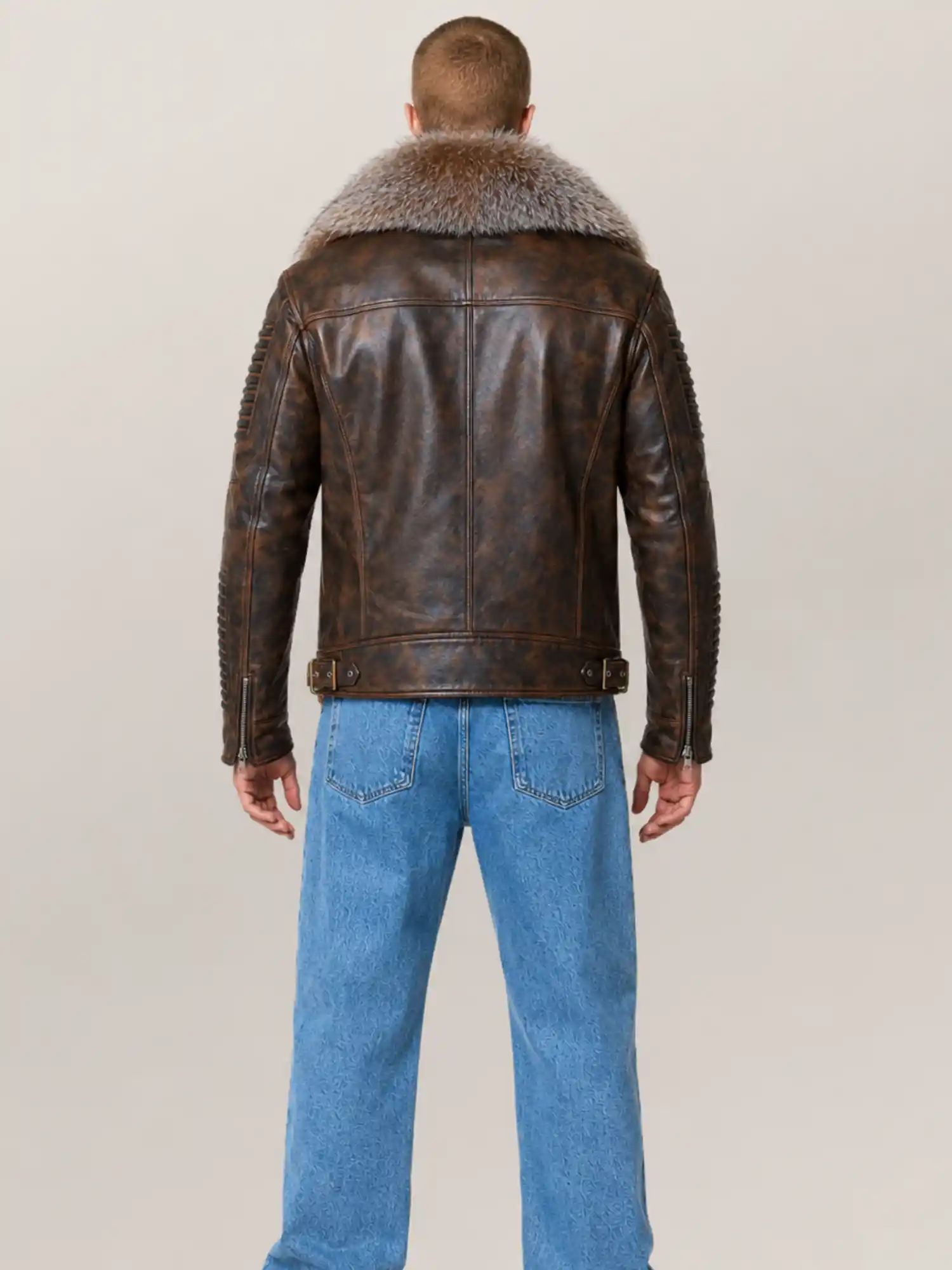 Men's Wax Brown Biker Ribbles Leather Jacket - Image 2