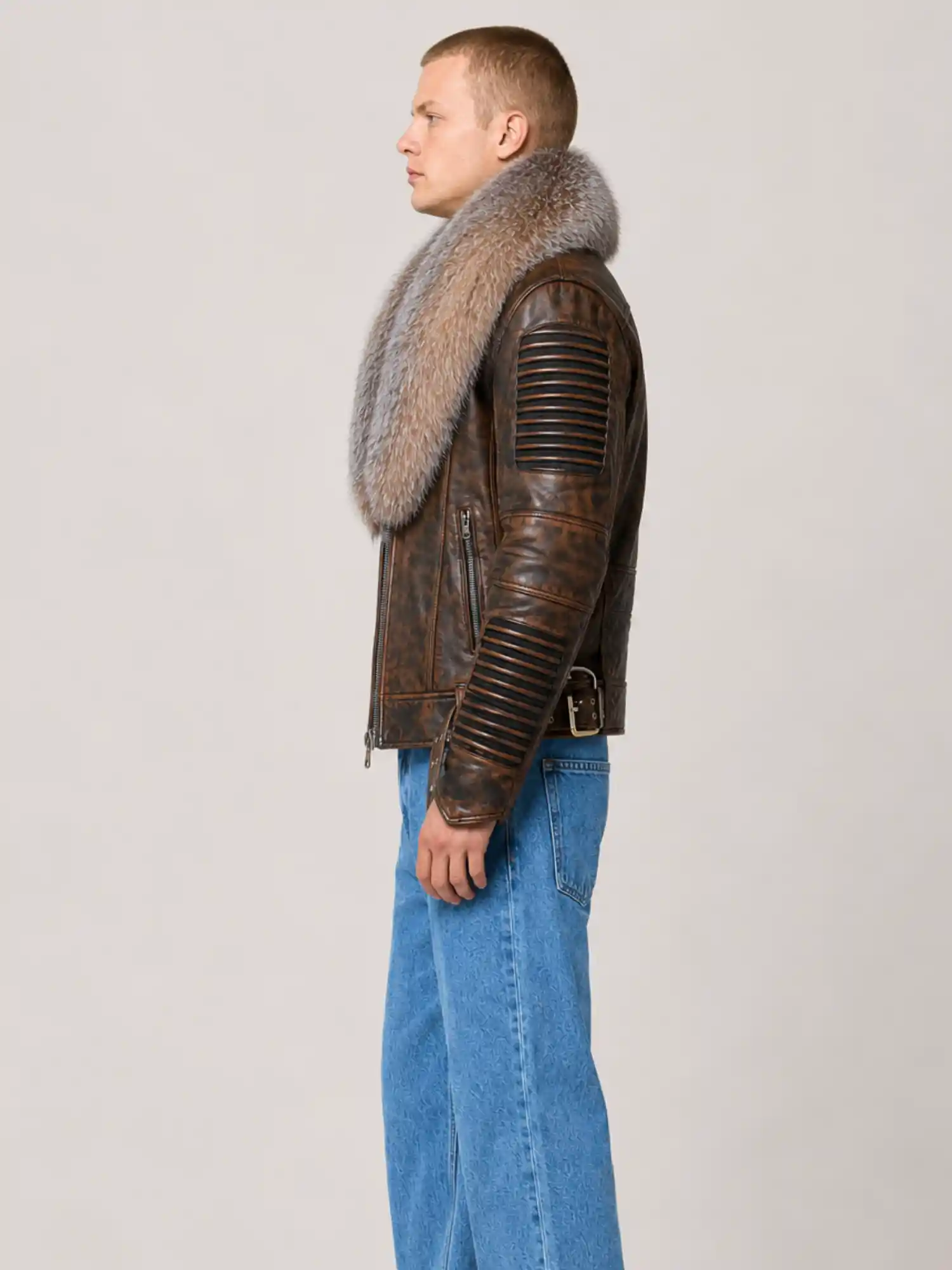 Men's Wax Brown Biker Ribbles Leather Jacket - Image 3