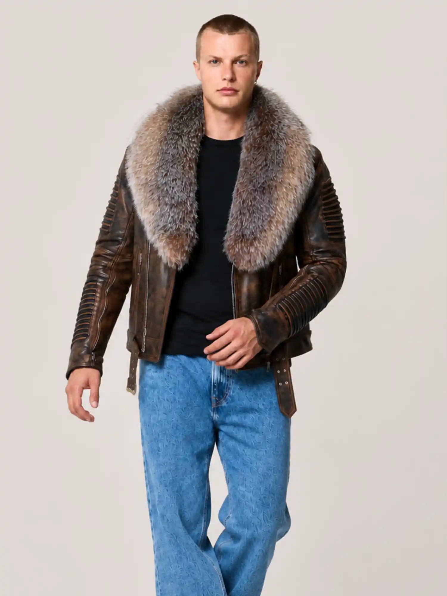 Men's Wax Brown Biker Ribbles Leather Jacket - Image 4