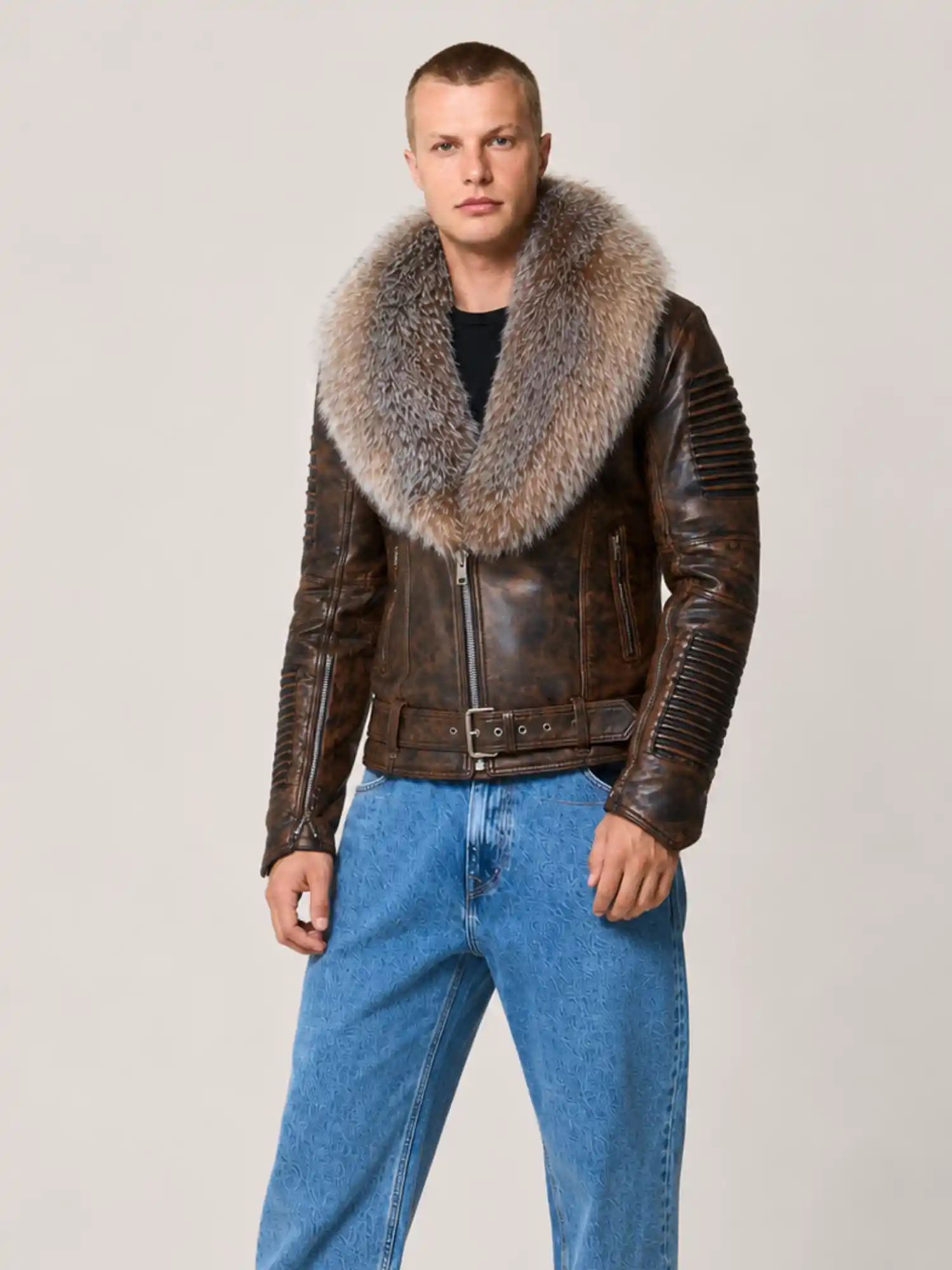Men's Wax Brown Biker Ribbles Leather Jacket - Image 5