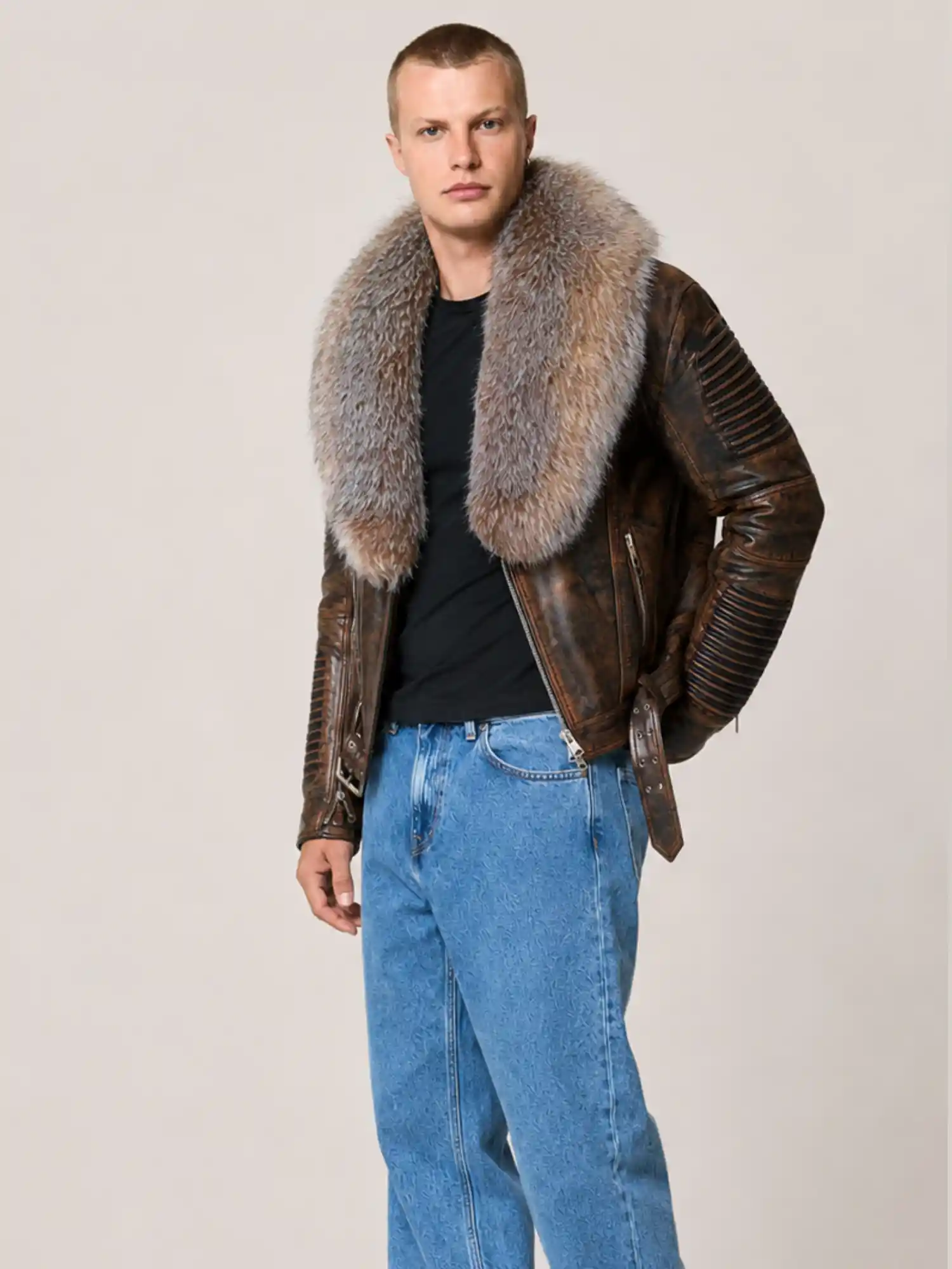 Men's Wax Brown Biker Ribbles Leather Jacket - Image 6
