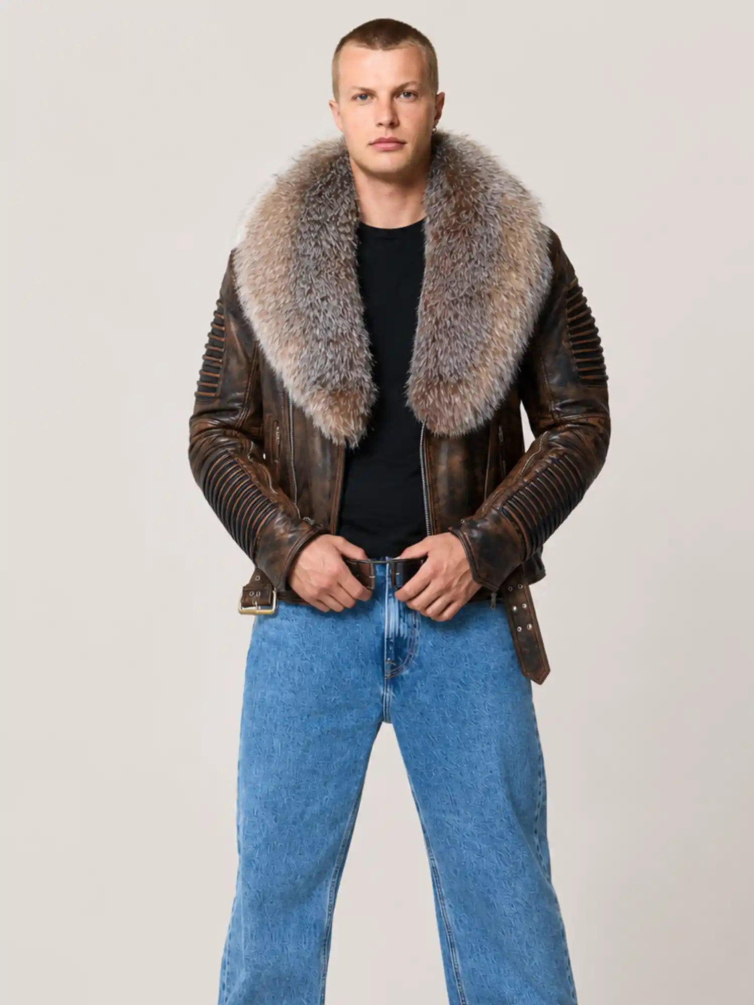 Men's Wax Brown Biker Ribbles Leather Jacket