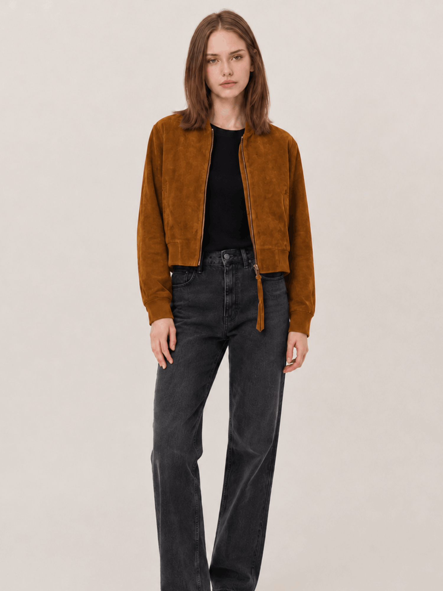 Women's Orten Cognac Brown Suede Bomber Jacket