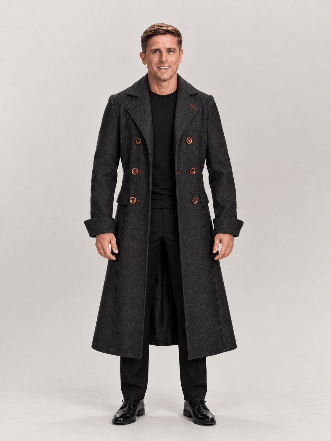 Men's Black Sherlock Holmes Double Breasted Wool Coat - Image 6