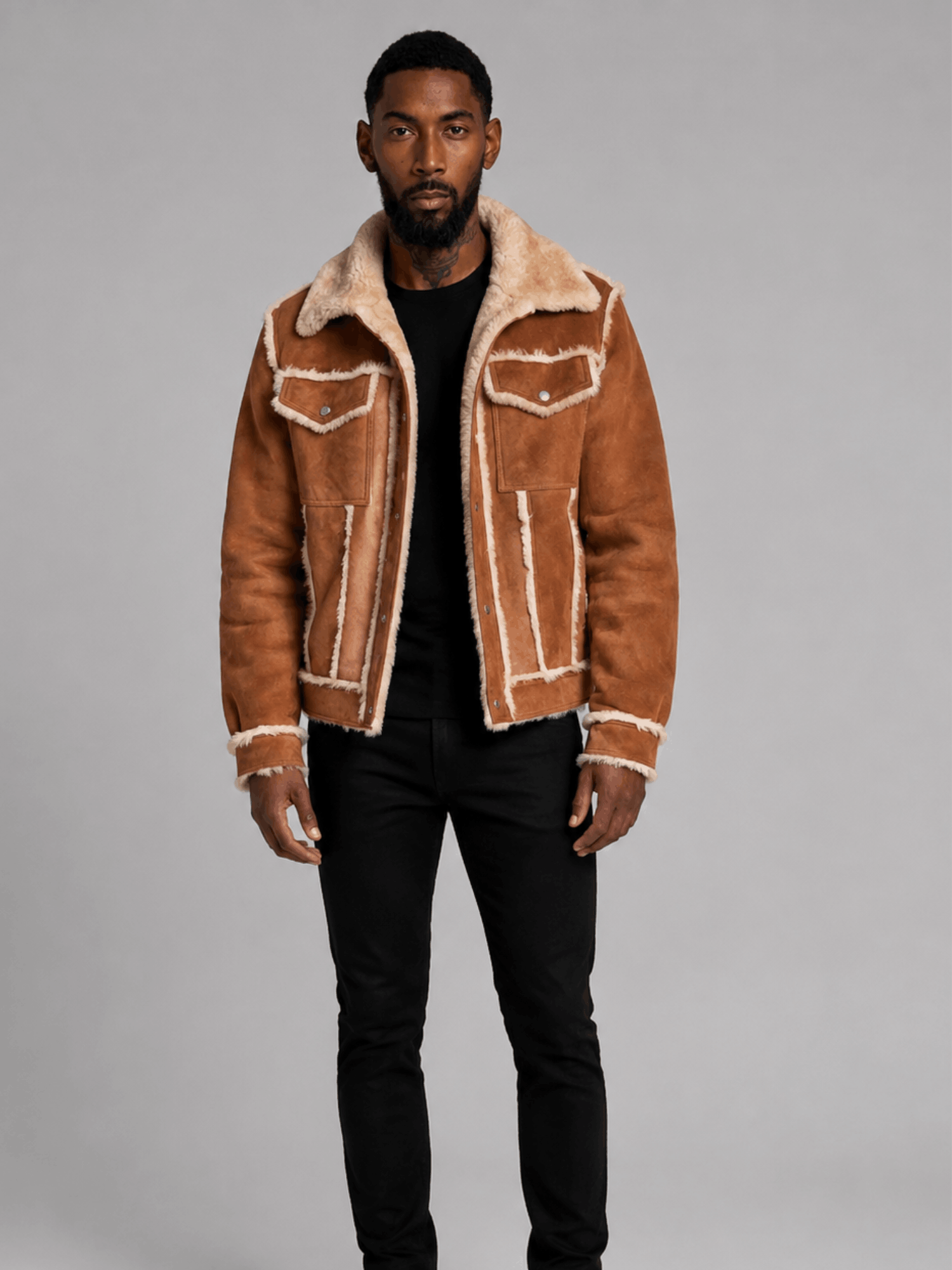 Men's Shearling Brown Style Fur Out leather Jacket
