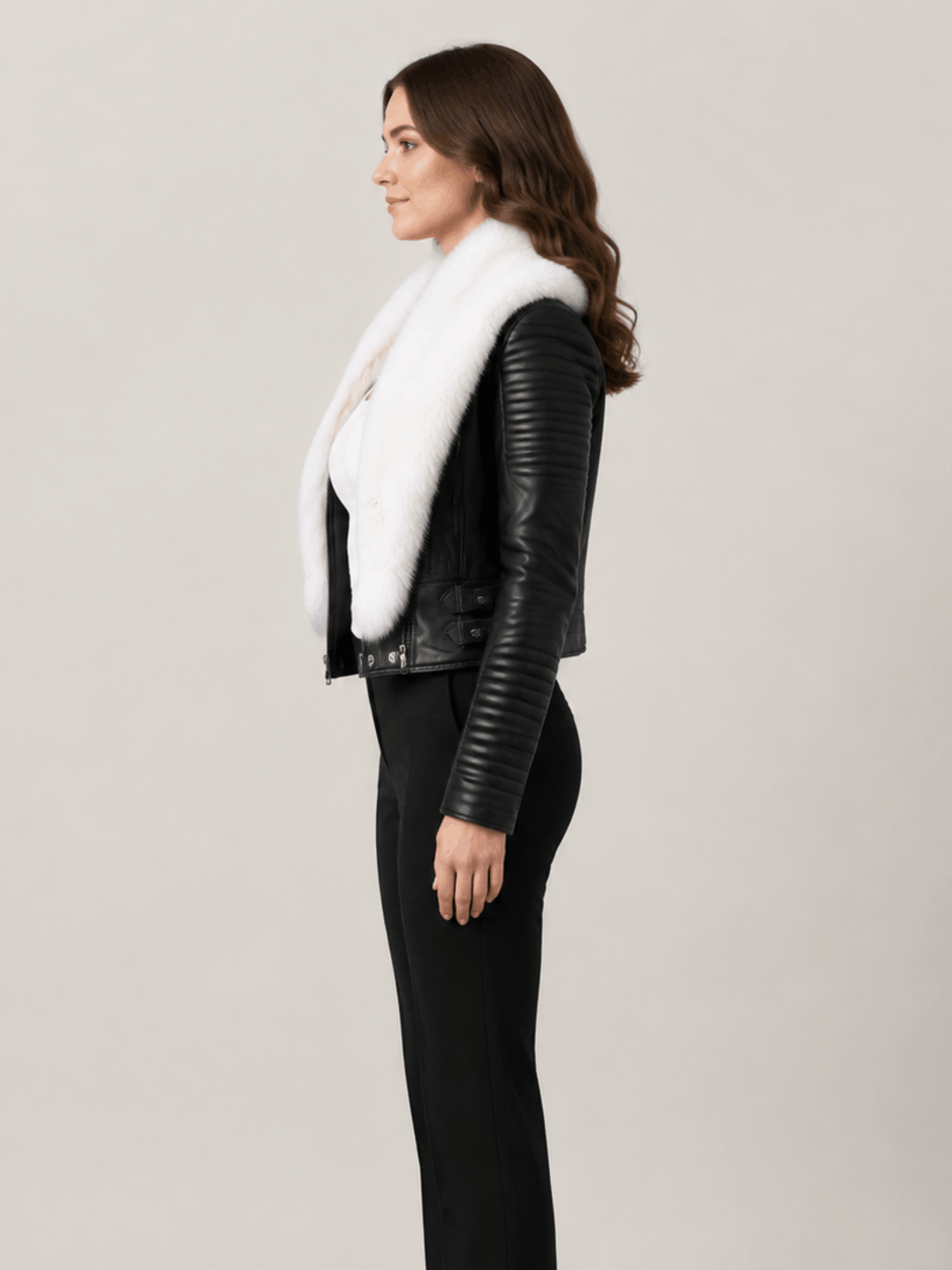 Women's Leather Black Biker Ribbles Jacket With White Fur - Image 5