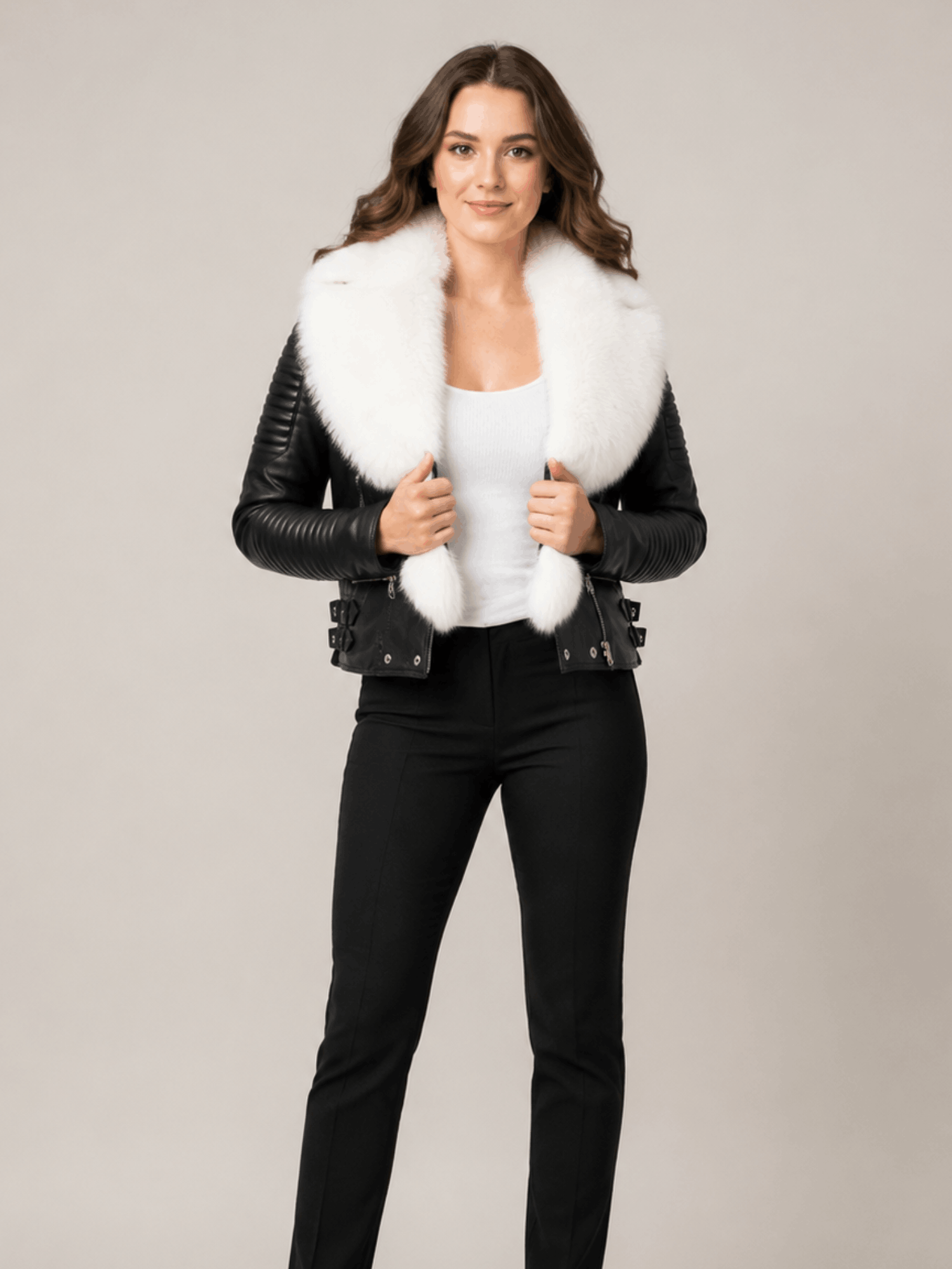 Women's Leather Black Biker Ribbles Jacket With White Fur