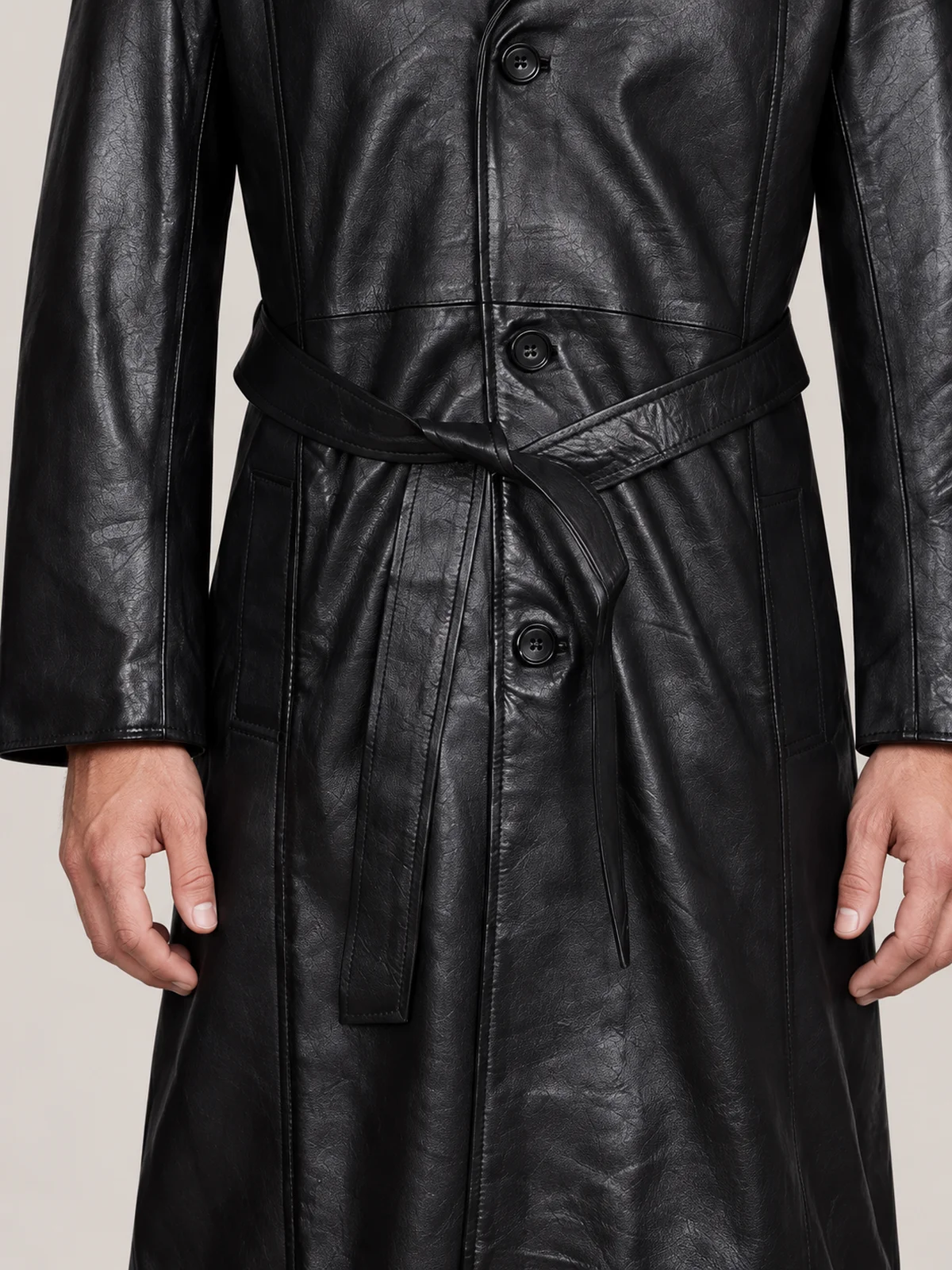 Men's Blade Halloween Black Belted Leather Coat - Image 6