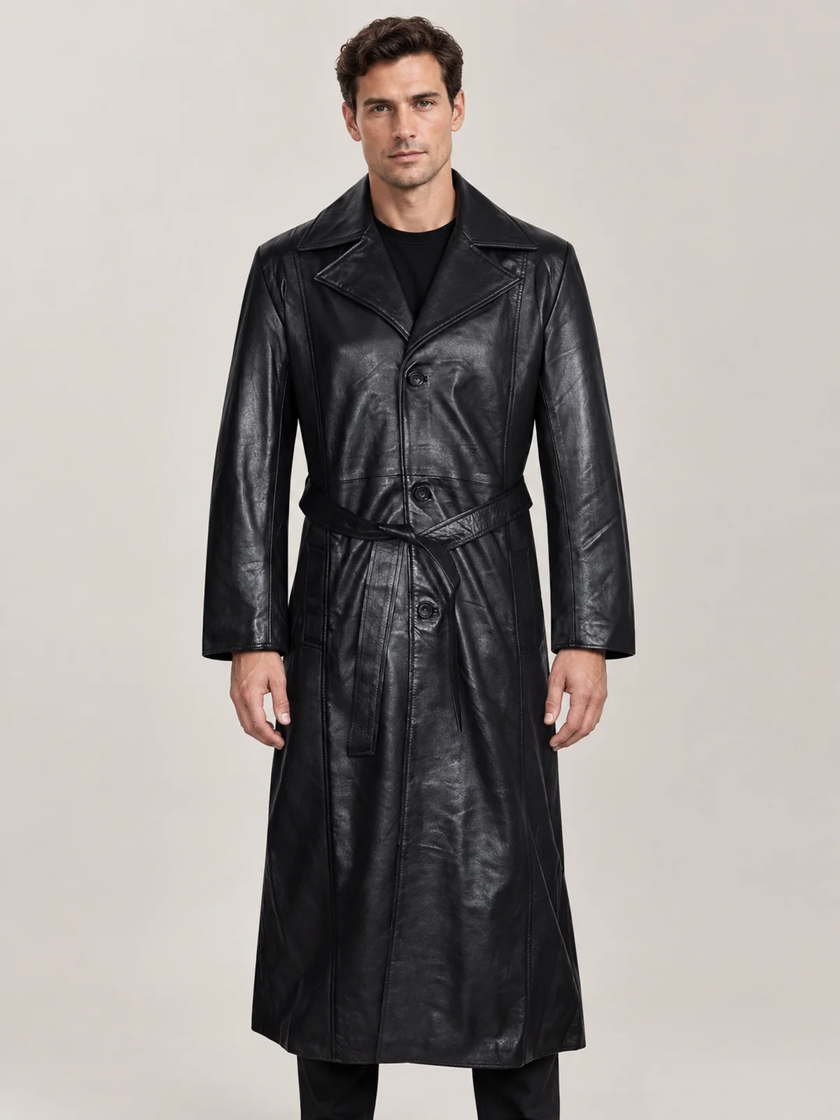 Men's Blade Halloween Black Belted Leather Coat