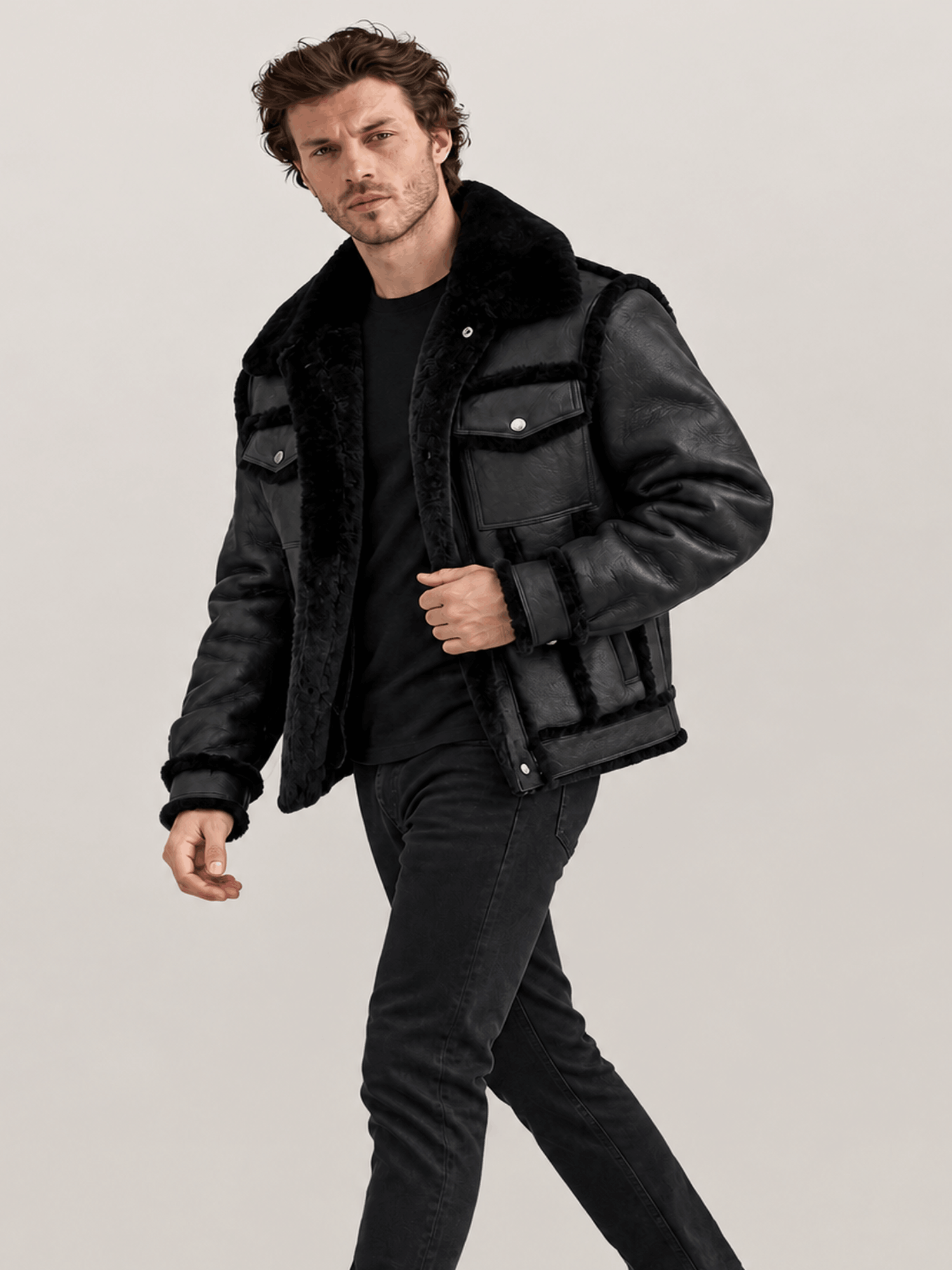 Men's Cowhide Shearling fur Out Leather Jacket in Black - Image 4