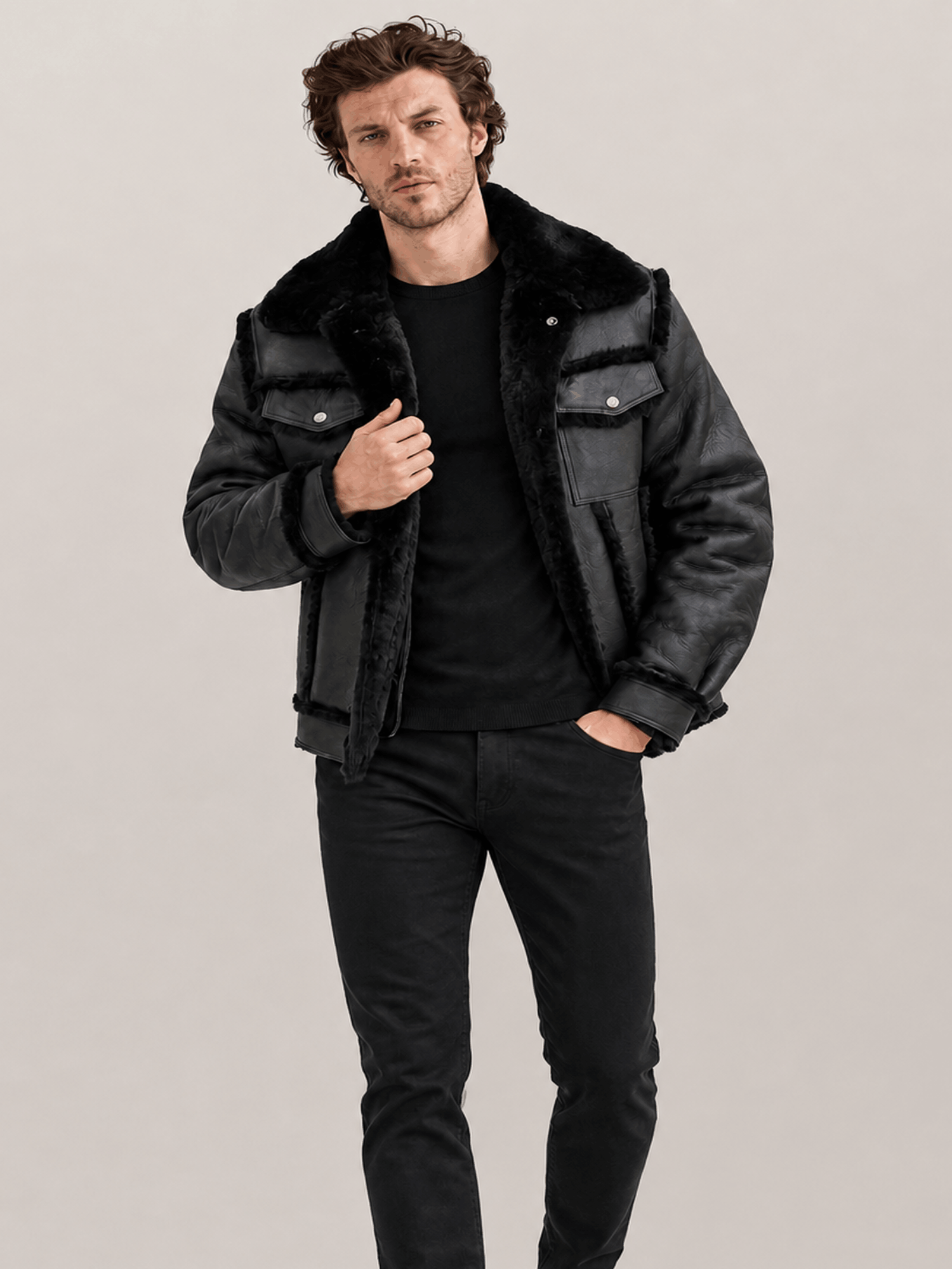 Men's Cowhide Shearling fur Out Leather Jacket in Black