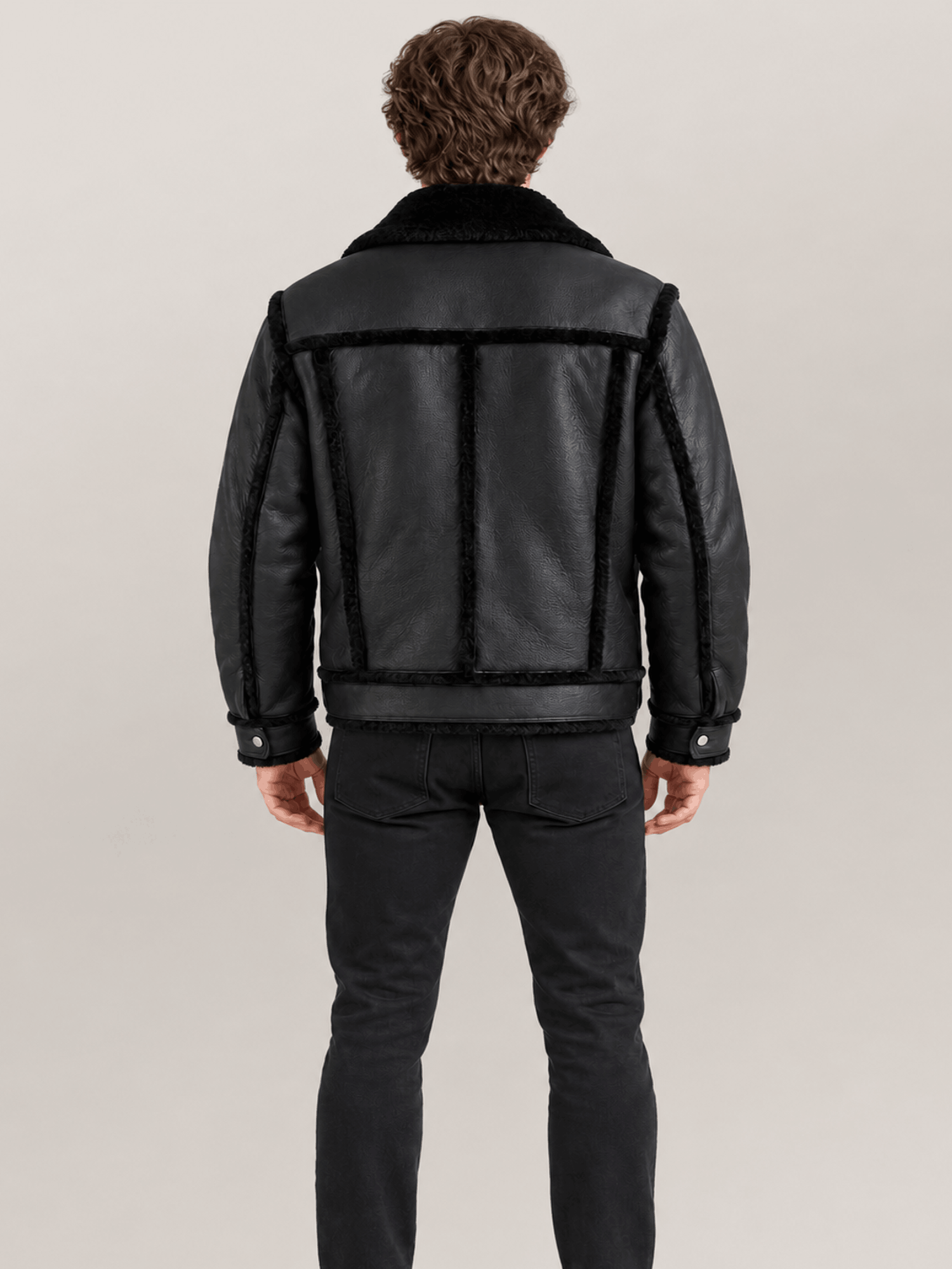 Men's Cowhide Shearling fur Out Leather Jacket in Black - Image 2