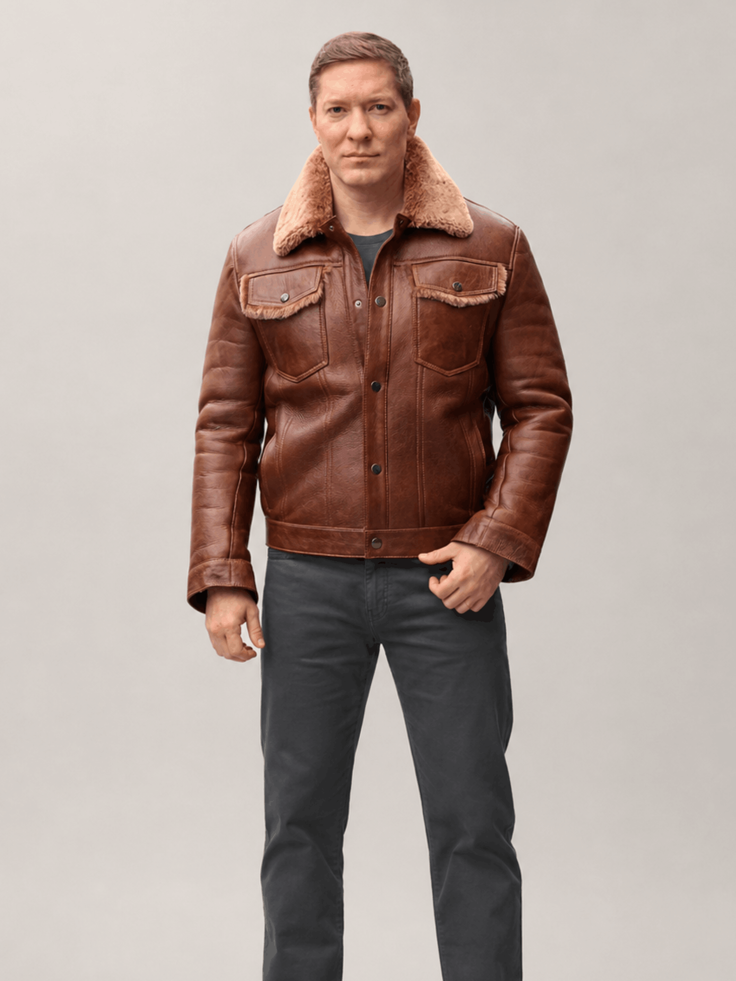 Men's Shearling Fur Collar Brown Brisa leather Jacket