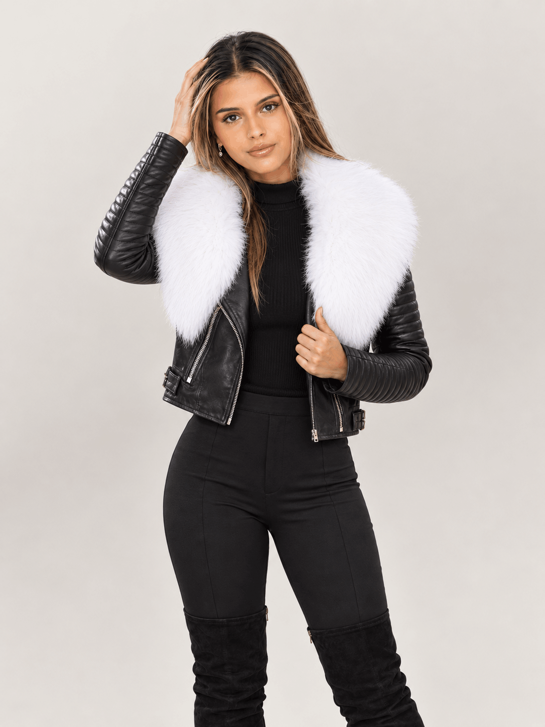 Women's Black Leather Biker Jacket With Fur Collar - Image 6