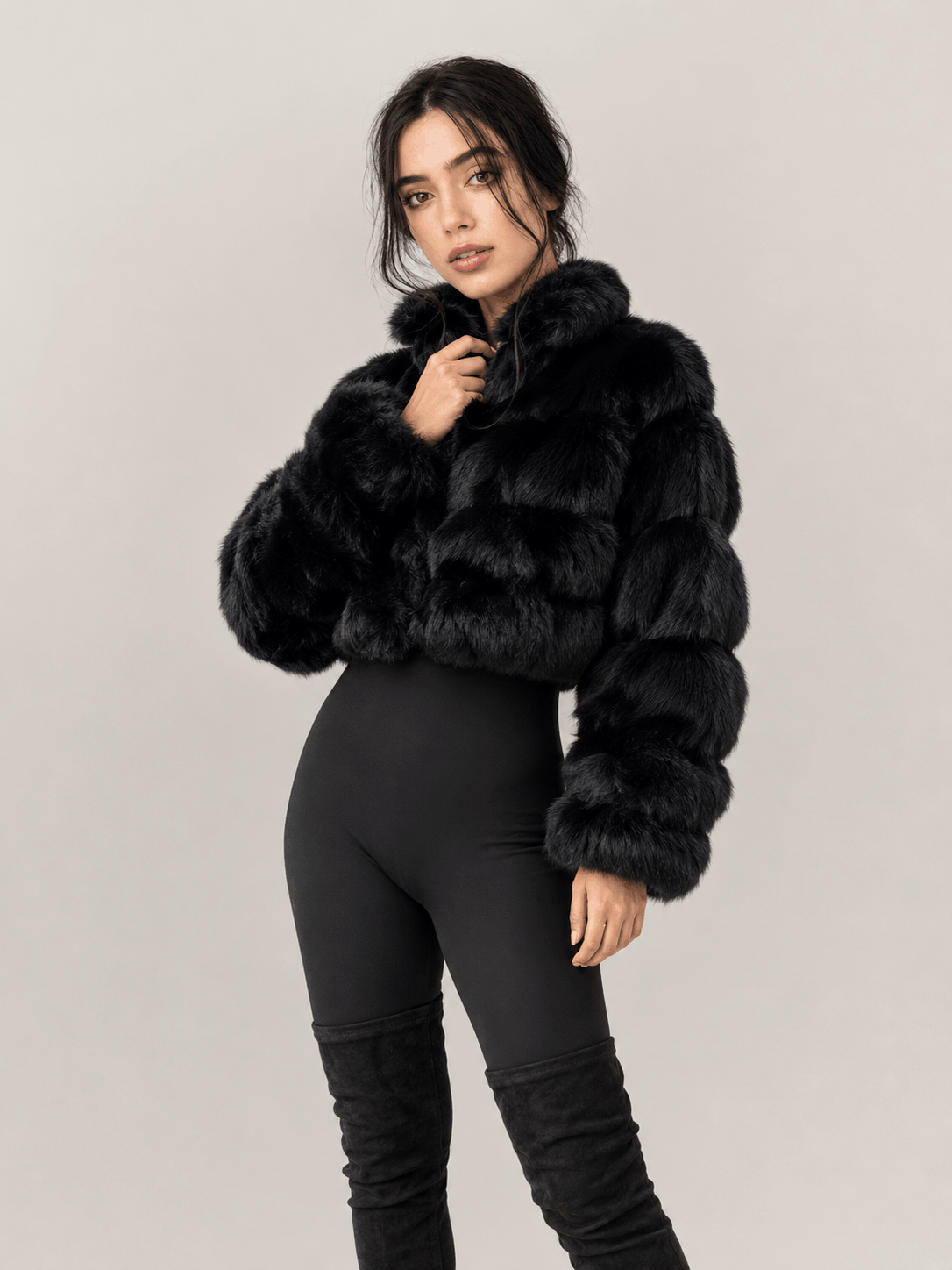 Women's Black Cropped Fur Jacket With Hood - Image 3