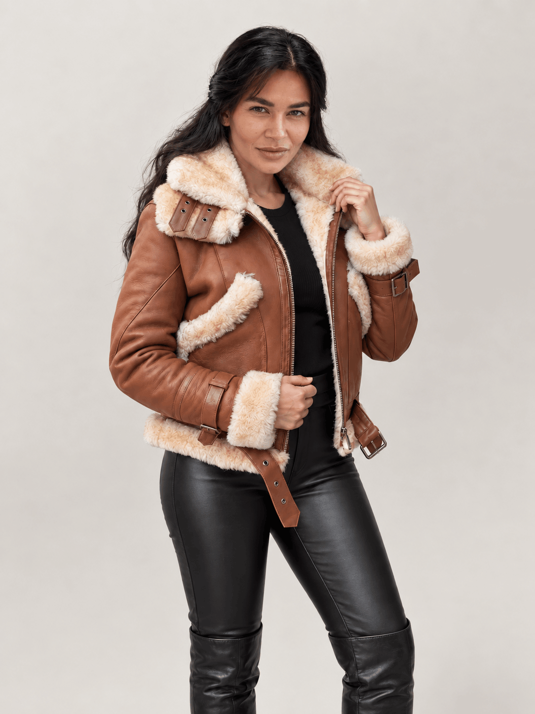 Women's Brown Shearling Cognac Aviator Leather Jacket