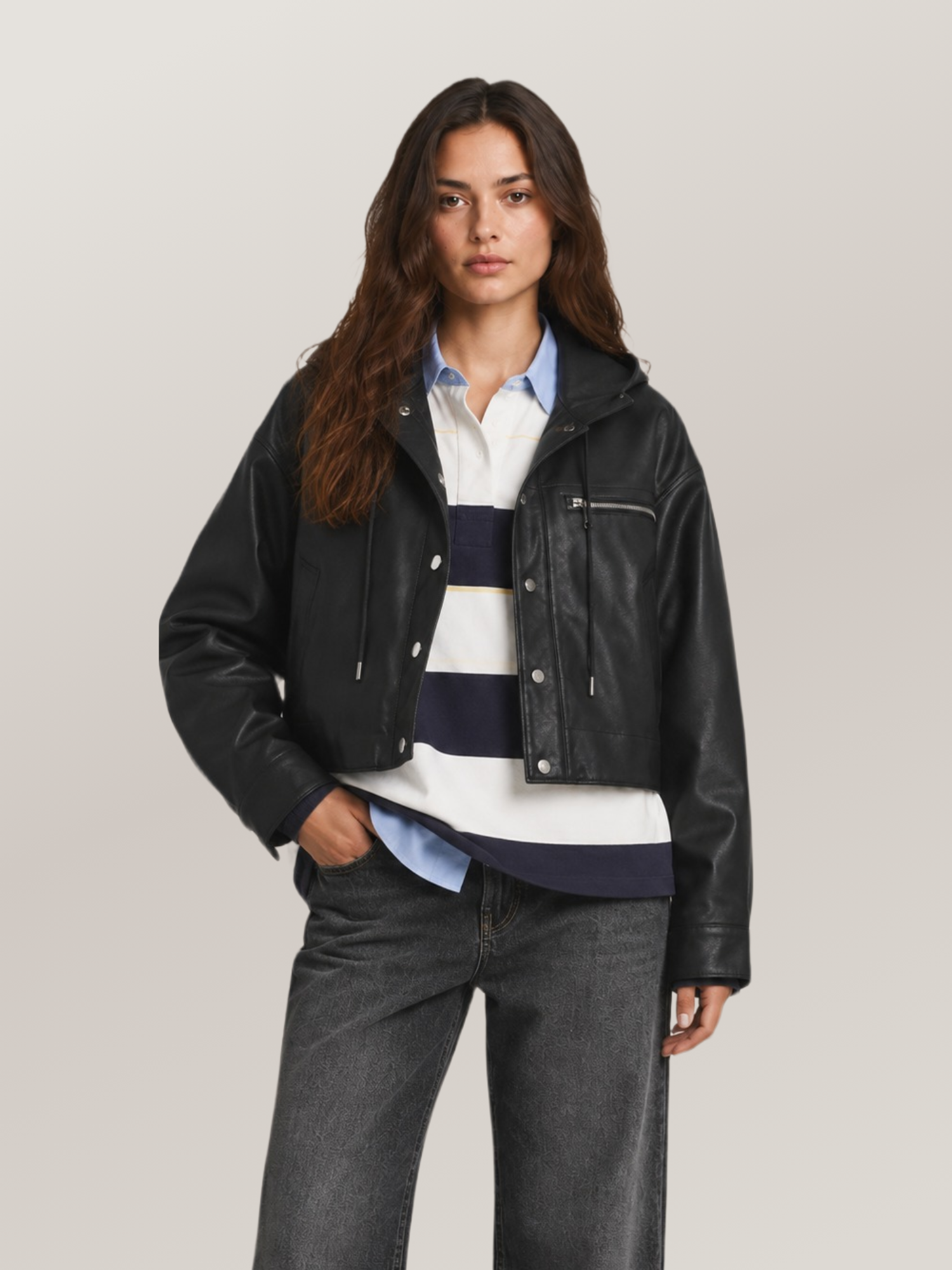 Women's Belle Cropped Lightweight Hooded  Leather Jacket